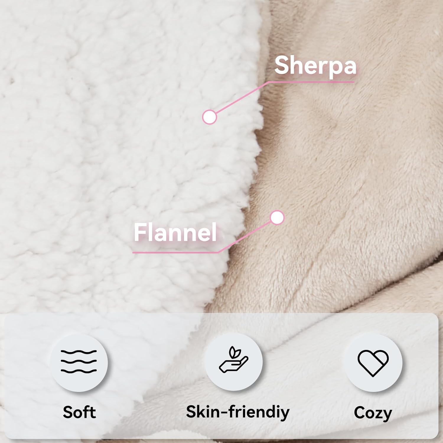 Heated Electric Blanket Queen Size 84"×90" Soft Flannel and Sherpa Warm Blanket Dual Controllers Heating Blanket,10 Heating Levels,Machine Washable,Beige