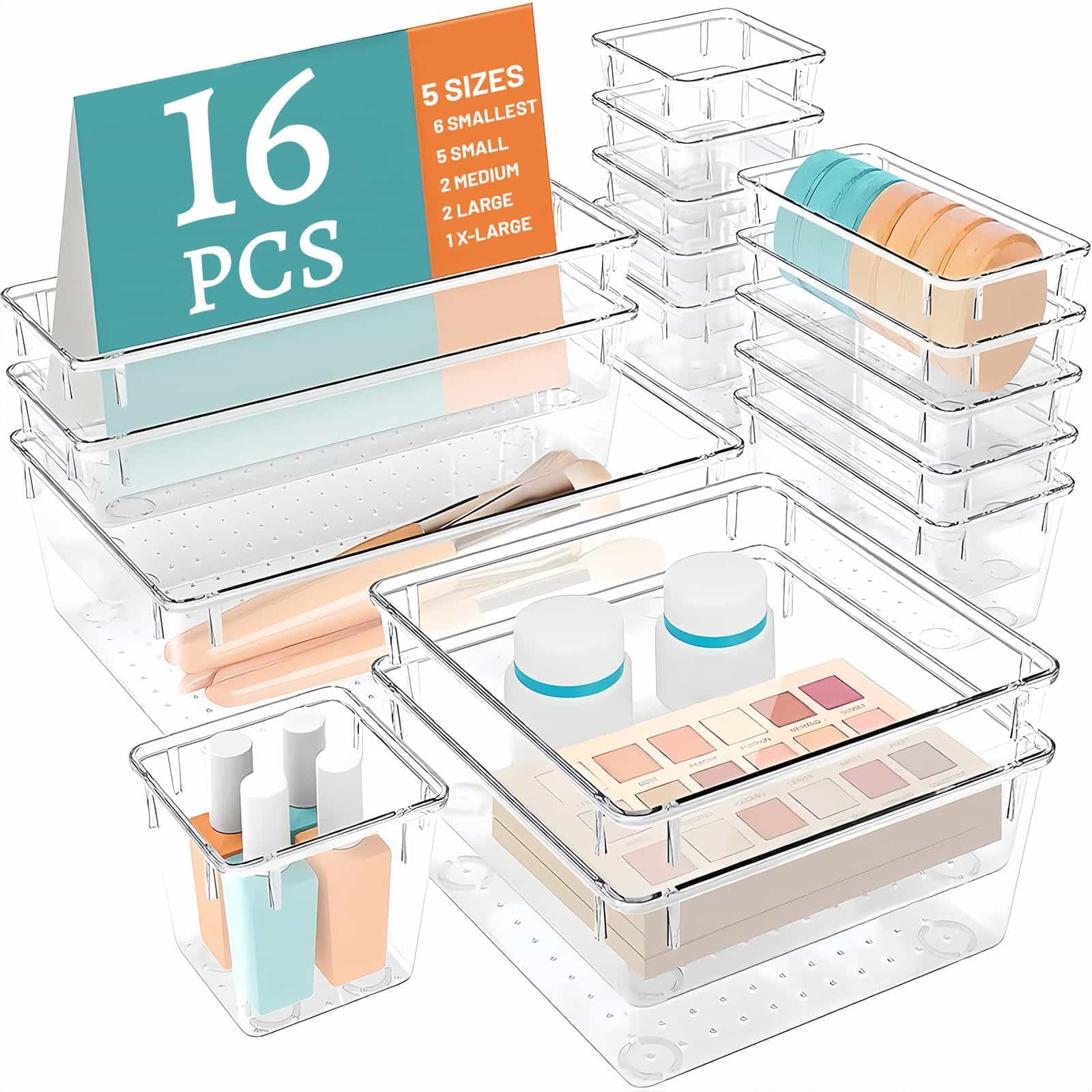Clear Desk Drawer Organizers 16Pcs PP Makeup Drawer Organiser Trays Vanity Drawer Organizer Trays Reusable Cosmetics Container Tray Utensil Cutlery Set Divider for Makeup Officce Bathroom Gadgets