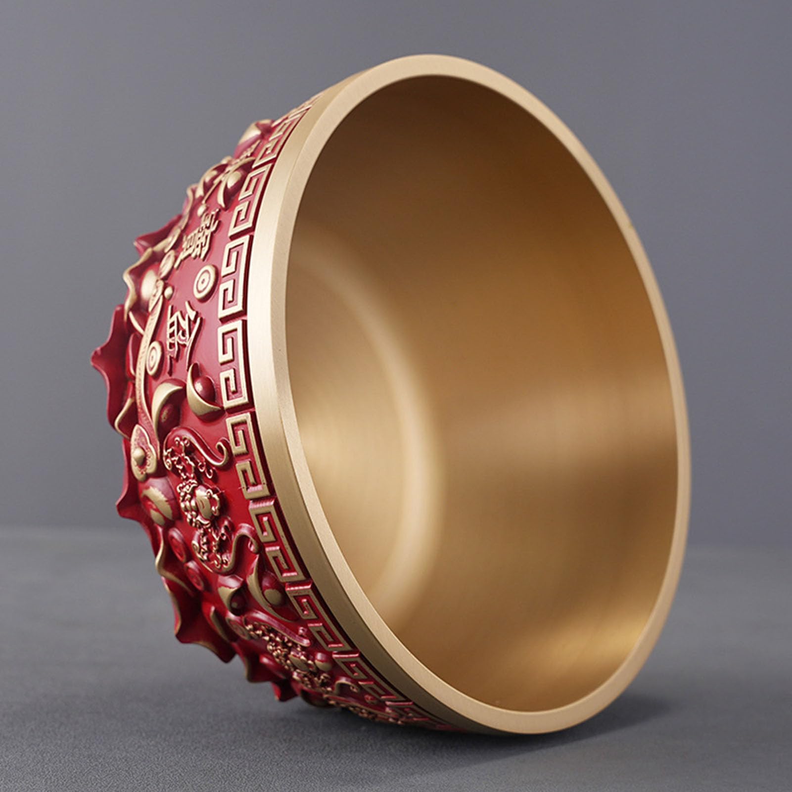 Miska na skarby Feng Shui z czerwonego mosiądzu - symbol bogactwa w kolorze szczęścia na biurko w domu, ręcznie wykonany metalowy wystrój ze złotymi akcentami,14CM