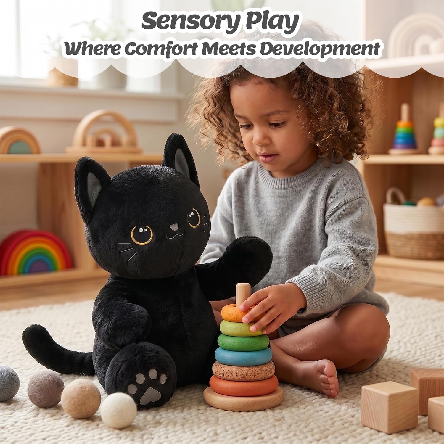 BRICHOEE 5lbs Weighted Stuffed Animals, Black Cat Plush Calming Weighted Black Cat Stuffed Animals, Cute Plush Toy Sensory Plushie Pillow Birthday Gifts for Adults Baby Kids Boys Girls