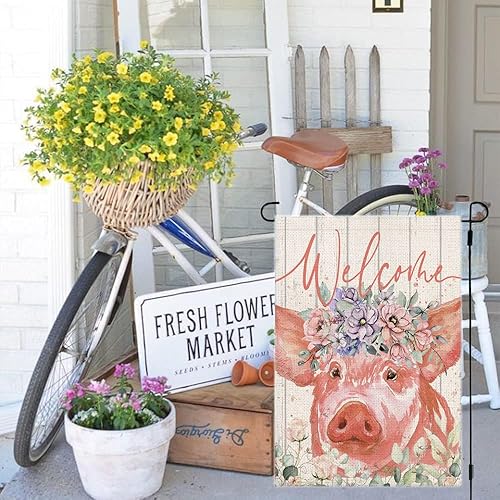 Miniatura 3 de Asminifor Bonita bandera de jardín de cerdo rosa de 12.5 x 18 pulgadas de doble cara de animales de granja de bienvenida de verano con acuarela,