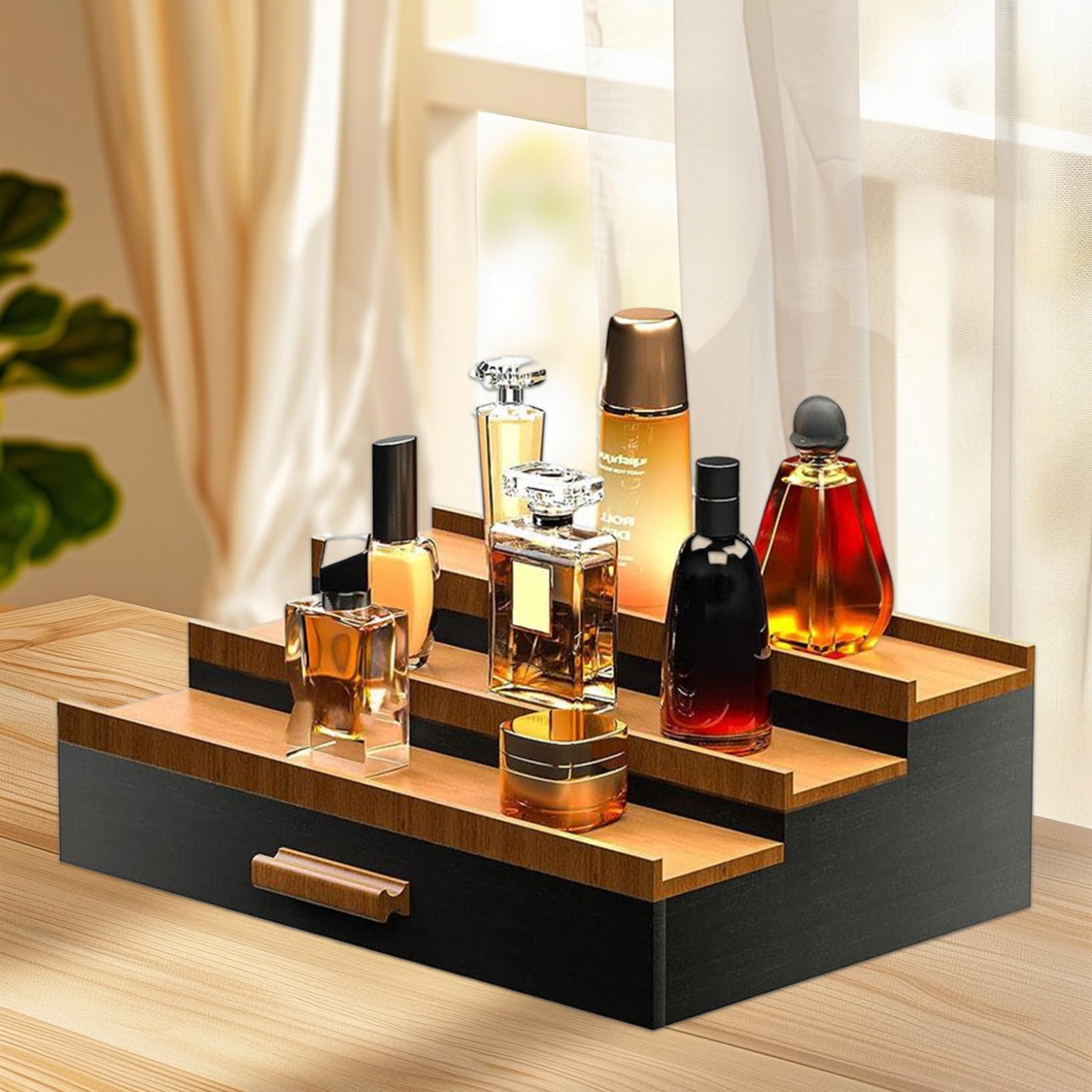Organizador de perfumes, Soporte de Perfume de Madera de 12.6x8.7x4.1 Pulgadas, Organizador de Colonia Elevado de 3 Nivel