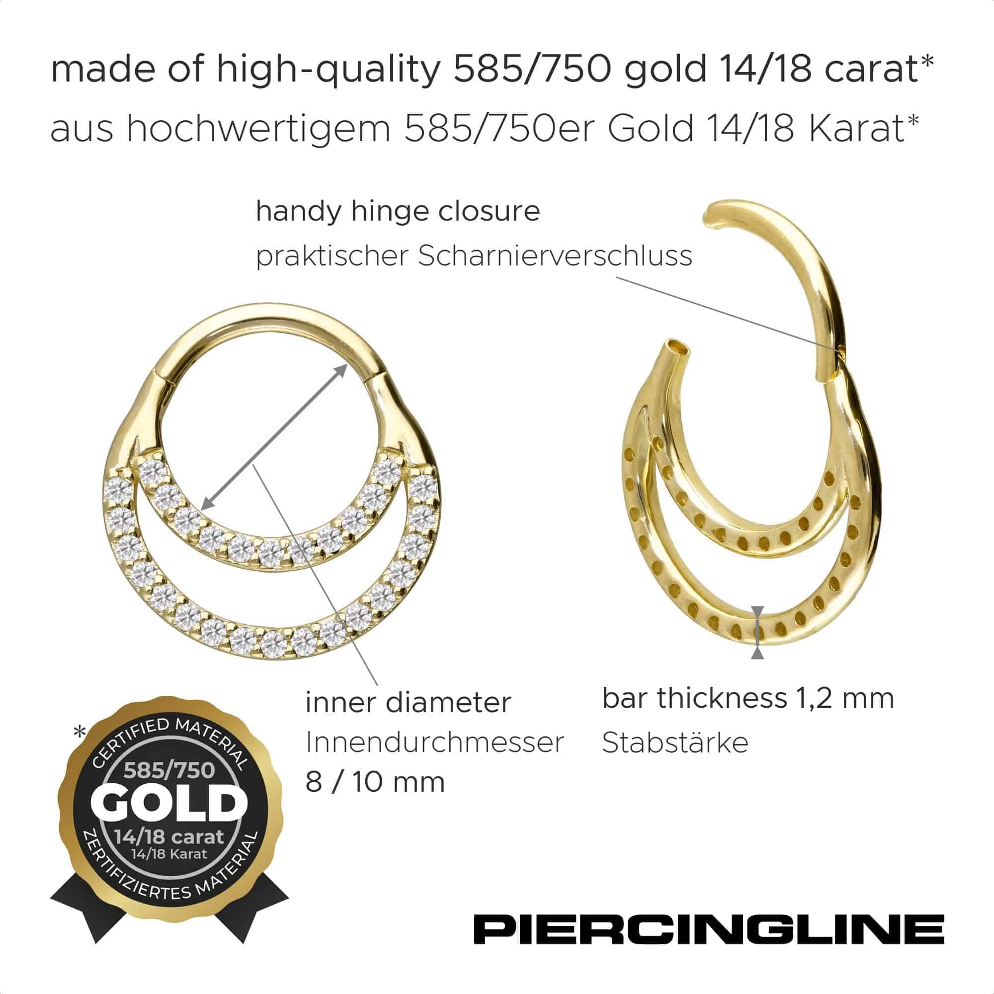 PIERCINGLINE Piercing Ring 14K Gold Segmentring Clicker EINGEFASSTE MOISSANITE + 2 RINGE 585er Gold - Goldfarben