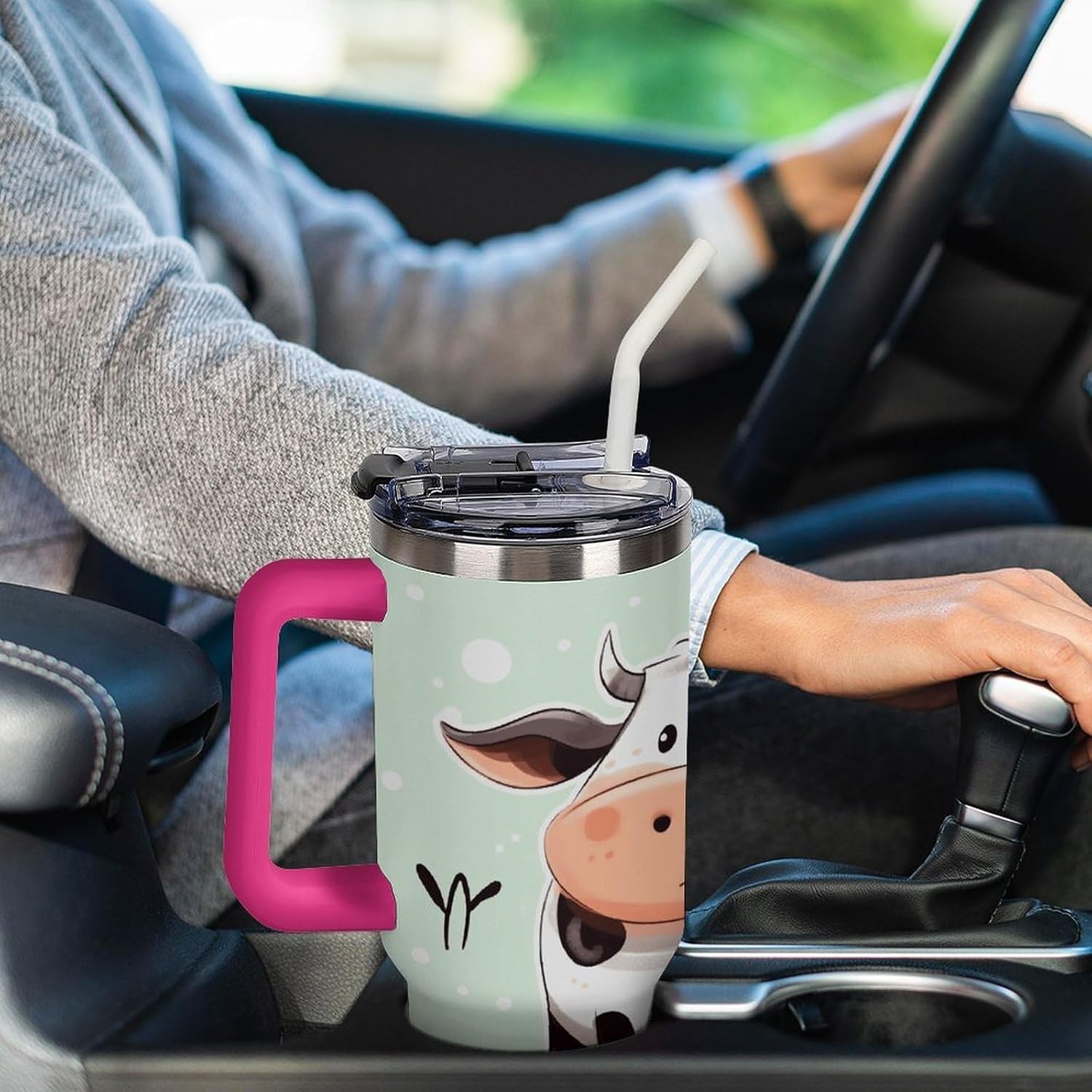 Cute Cow Polka Dot Tumbler 40 Oz with Handle&Lid Large Car Cup Stainless Steel Vacuum Travel Mug Insulated Water Bottle Leak-proof Portable Coffee Cup for Home Car Outdoor