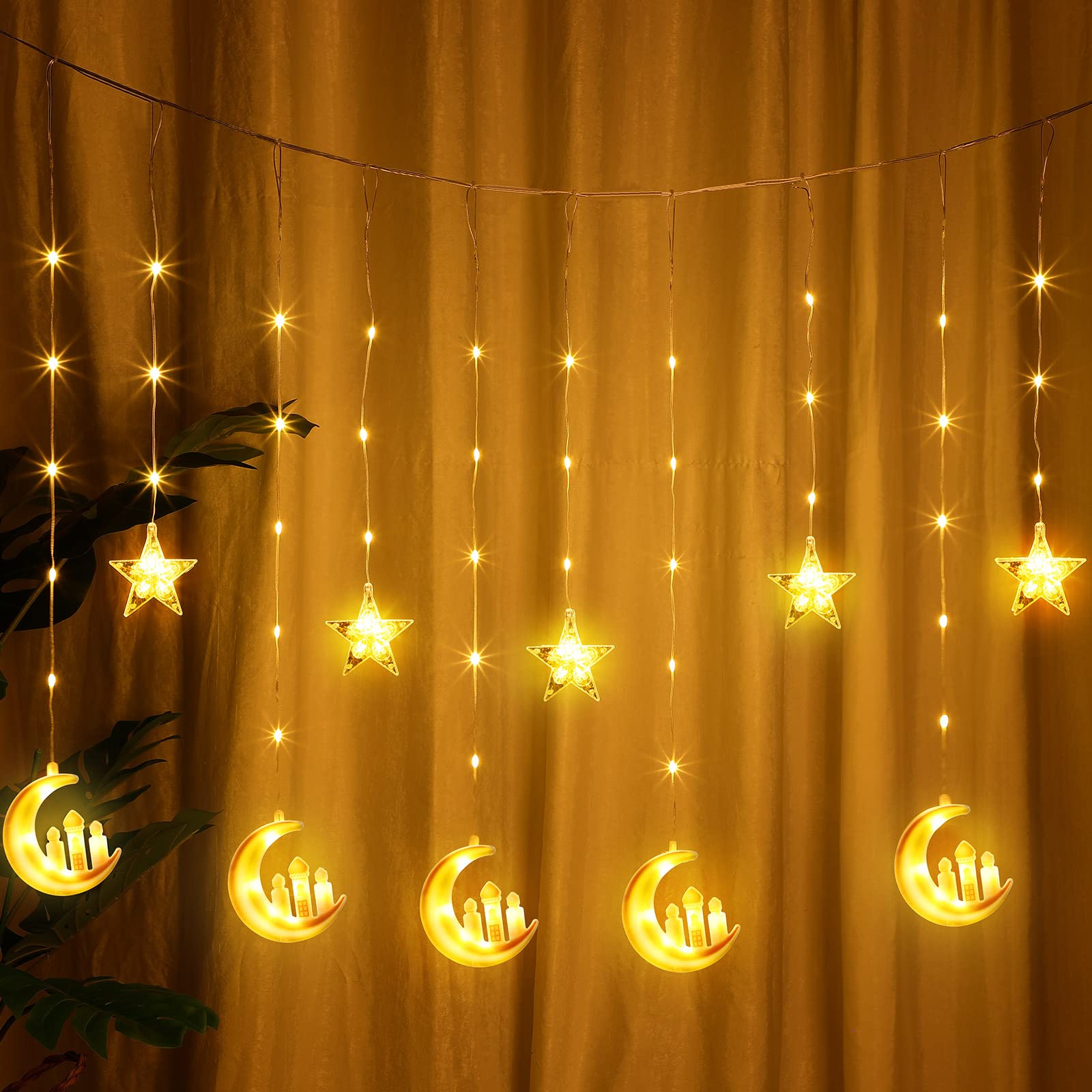 Yexiya 95 LED Ramadan Lights Decorations Star Moon Castle Curtain Lights Eid Mubarak Lights with Remote Control 8 Lighting Modes Ramadan Eid Decorations for Home