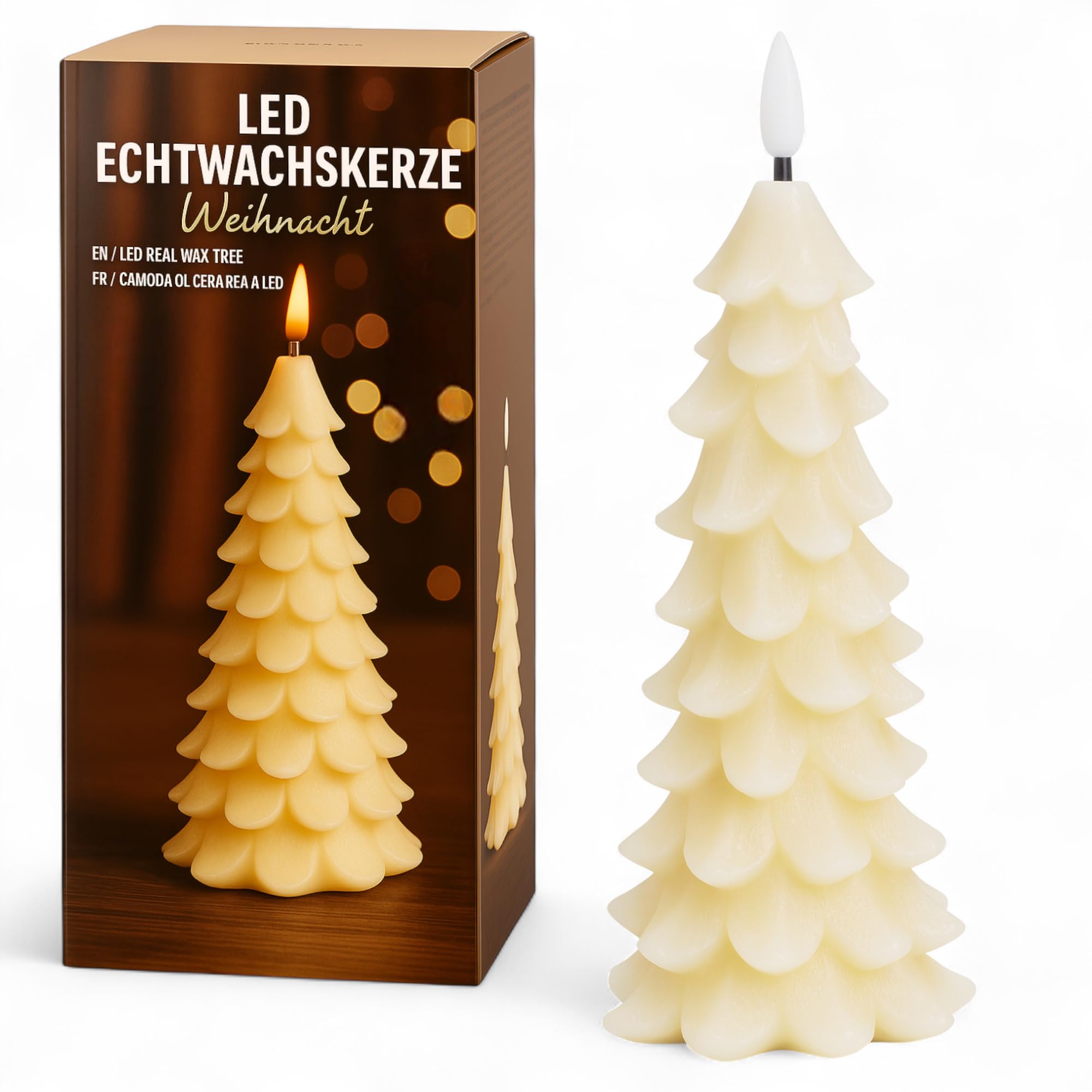 MIJOMA LED Real Wax Candle with Realistic Flame, Timer and Battery Operated, Indoor LED Candle with Warm White Light, Natural Look (Green - Christmas Tree, Diameter 7.5 cm x 11 cm) — image 1