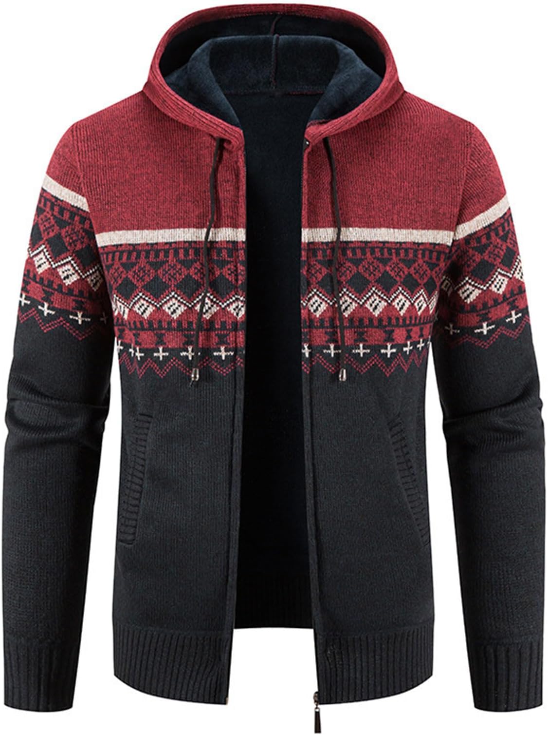 Mens Hoodies Knit Sweater, Full Zip Fleece Lined Cardigan Sweaters Casual Regular Fit Knitted Hooded Sweater Jacket