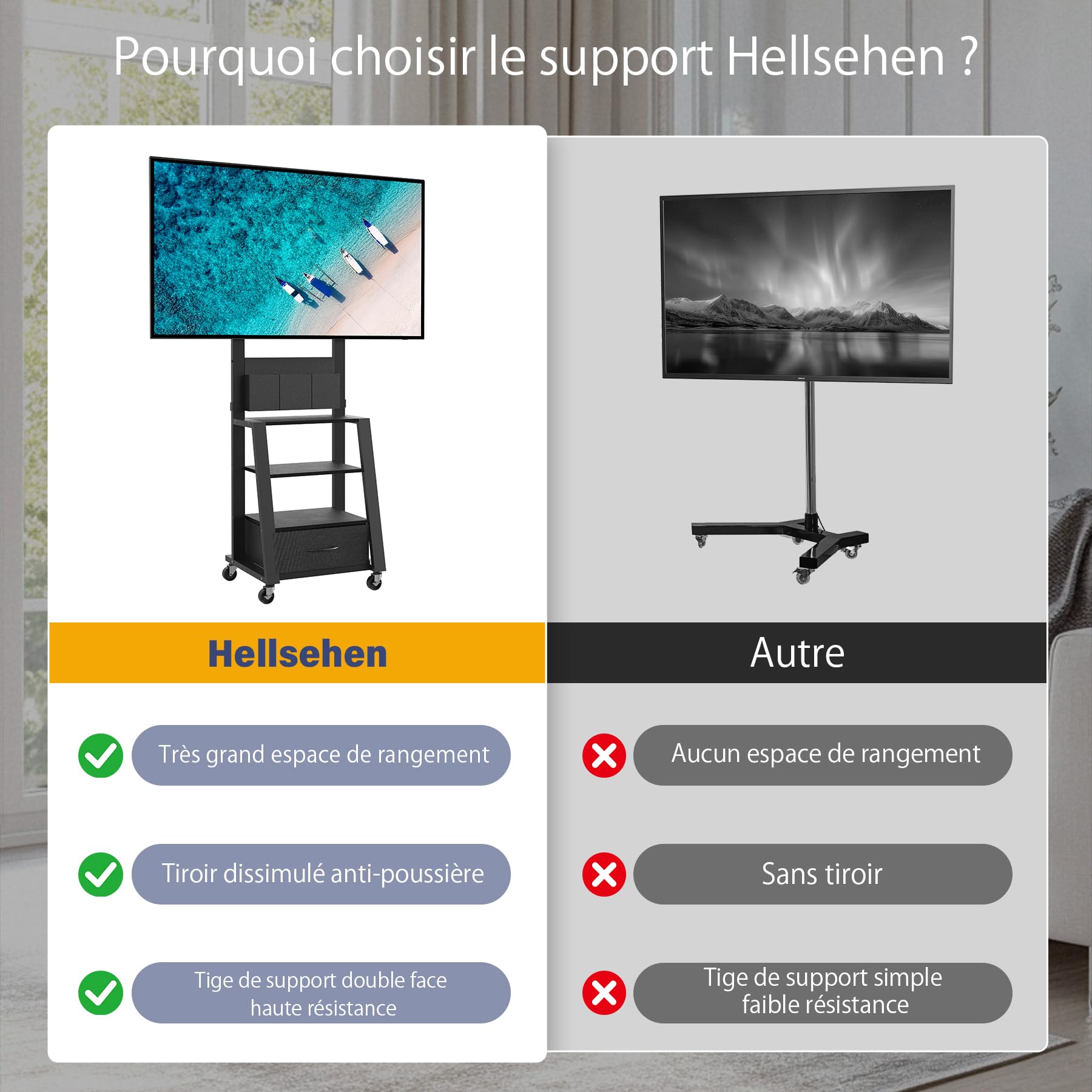 Support TV à roulettes avec tiroir et 3 Niveaux, Plats/incurvés de 23"-60" LCD/LED/OLED. Hauteur réglable Chariot TV Mobile avec roulettes pour Maison, Bureau l'extérieur. VESA Max 400 x 400 mm, Noir