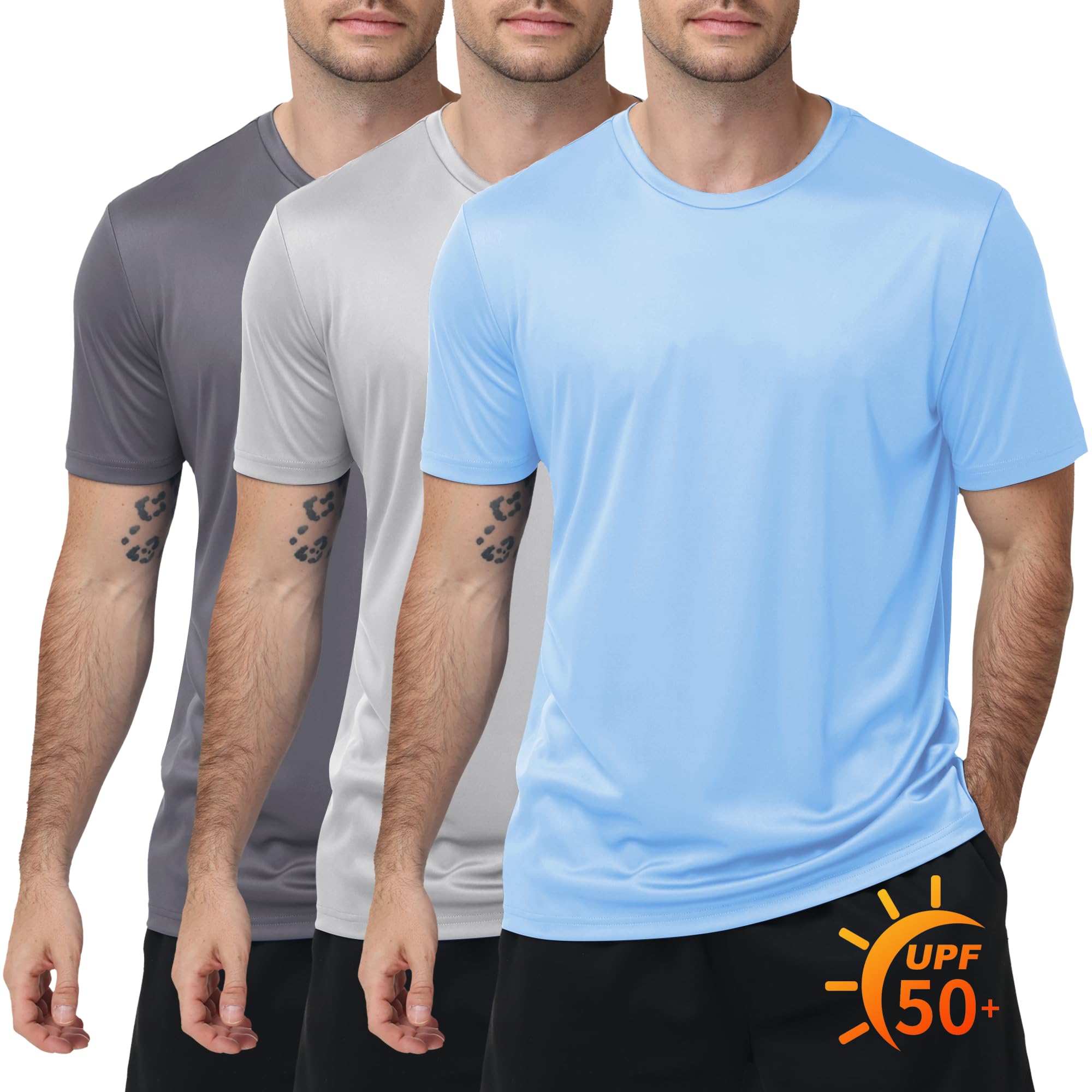 3 Pack Mens Swim Shirt Rash Guard Workout Shirts UPF 50+ Short Sleeve Fast Dry Sun Protection Lightweight Water Shirt