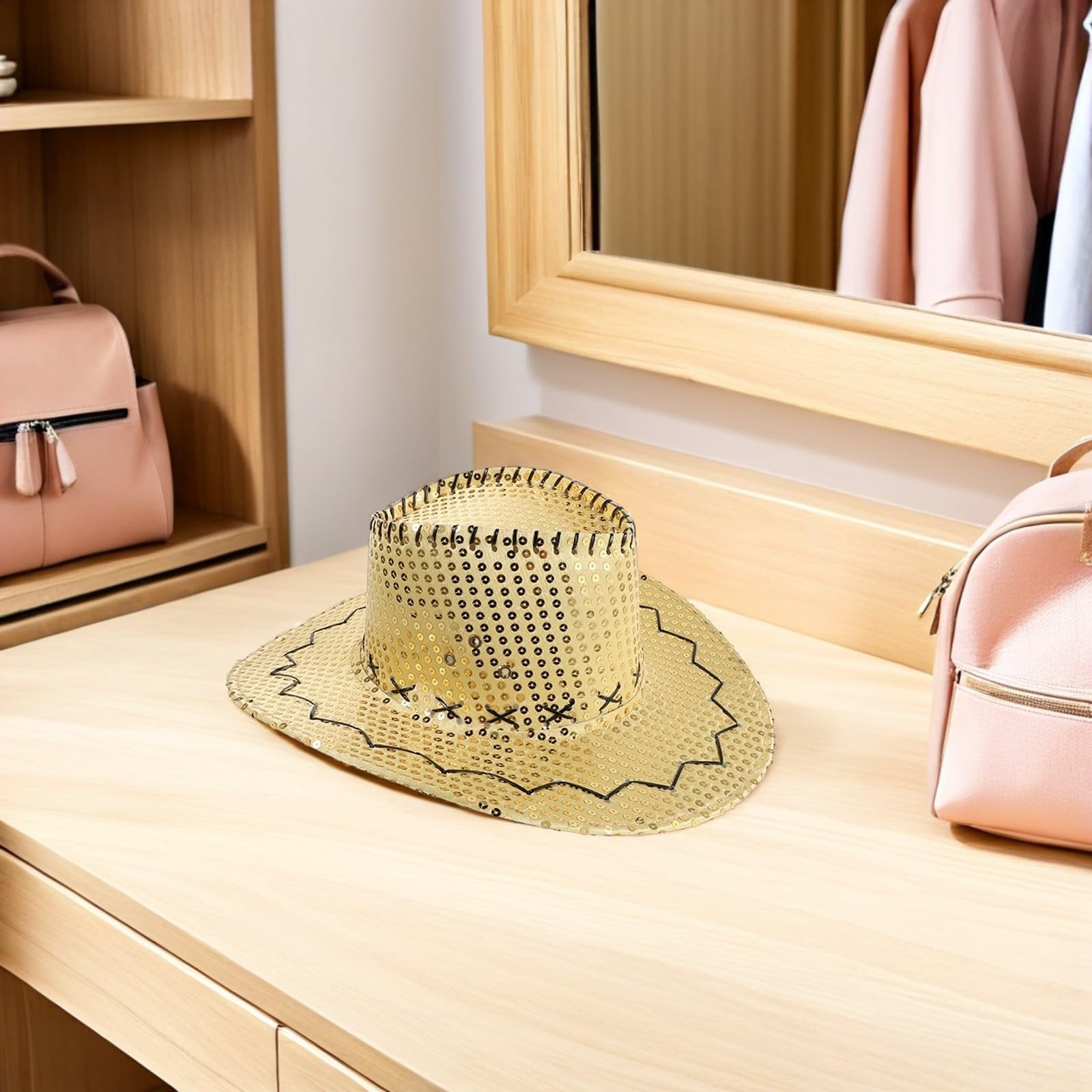 PACKOVE 5 Piezas Sombrero Vaquero para Mujer con Lentejuelas y ala Ancha, Tejido Cómodo y Plástico Resistente, Adecuado para Eventos al Aire Libre y Festivales de Fiesta