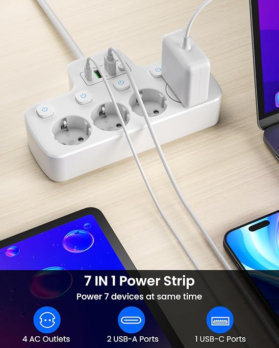Power Strip Single Switchable Flat Plug Multiple Socket with Switch 4-Way Power Strip Wall Mounting Double Plug for Socket Multiple Plug USB C Flat Plug with 2 m Cable White