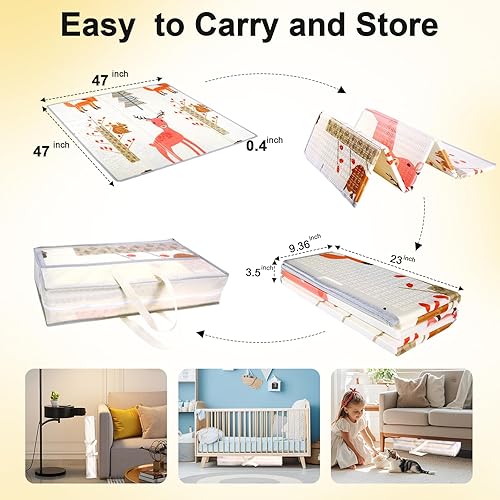 Miniatura 7 de Alfombra de juego plegable para bebé, 47 x 47 pulgadas, tapete de juego para bebé, 0.4 pulgadas de grosor, impermeable, antideslizante, reversible,