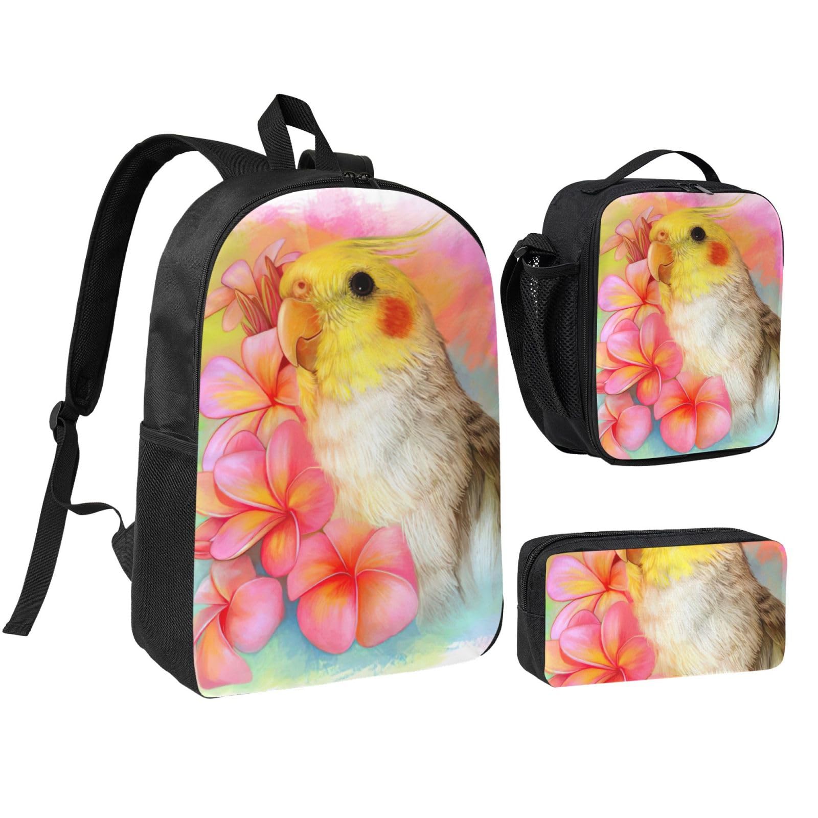 Jejea Unisex Black Cute Cockatiel Print Backpack With Lunch Box Pecnil Case Set 3 In 1,Bookbags Lunchbag Pencil Bag 17Inch For Travel