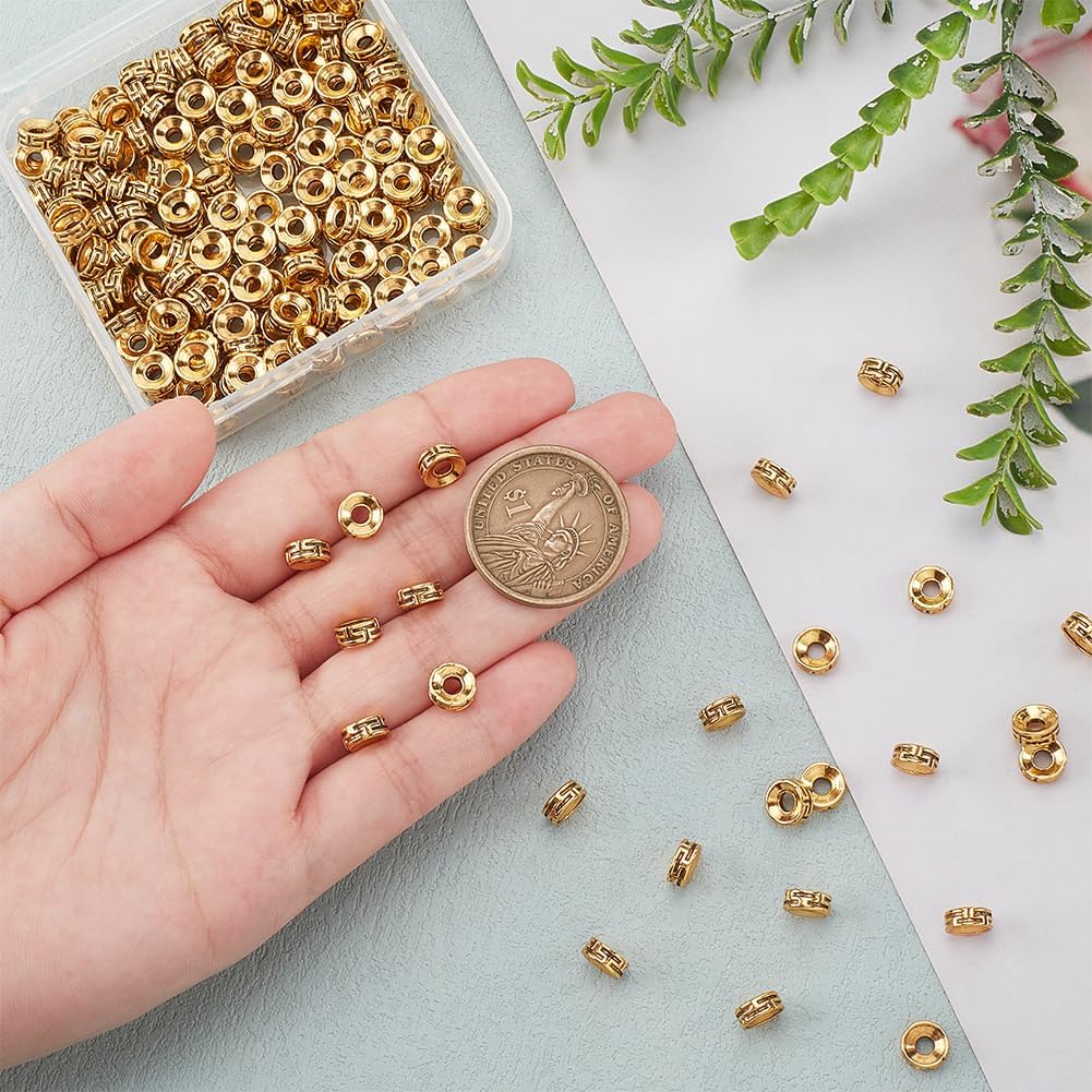 PH PandaHall 200pcs Tibetan Spacer Beads Antique Golden Flat Round Beads 7.5x3mm Carved Roundelle Spacer Beads Metal Loose Beads for Jewelry Bracelet Necklace Making DIY Crafts Hole 2.5-3mm - Image 3