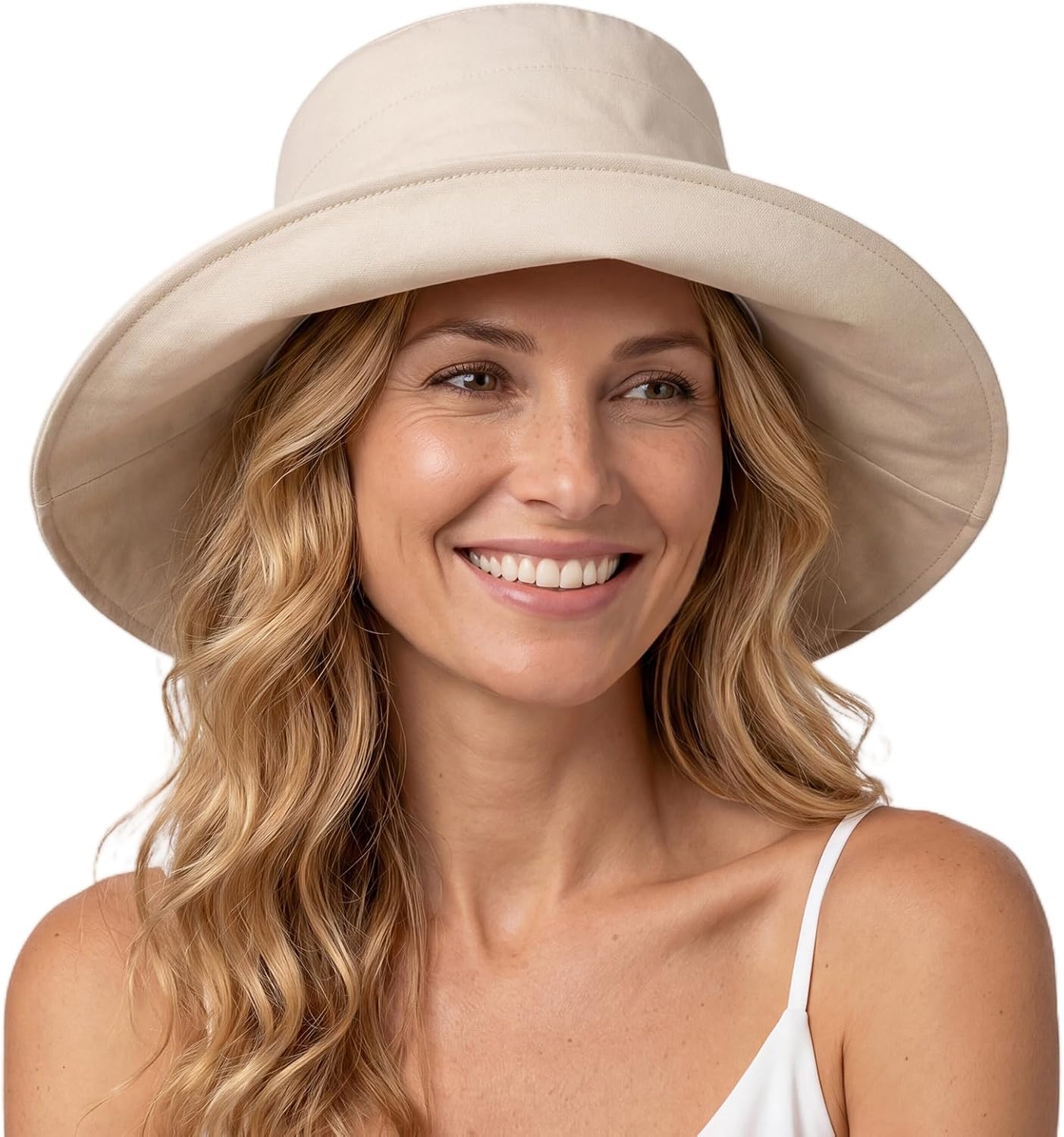 TOP-EX ChicPony™ Ponytail Wide Brim Sun Hat for Women UPF 50+ Cotton Linen Summer Beach Bucket Hats with Fold-Up Brim