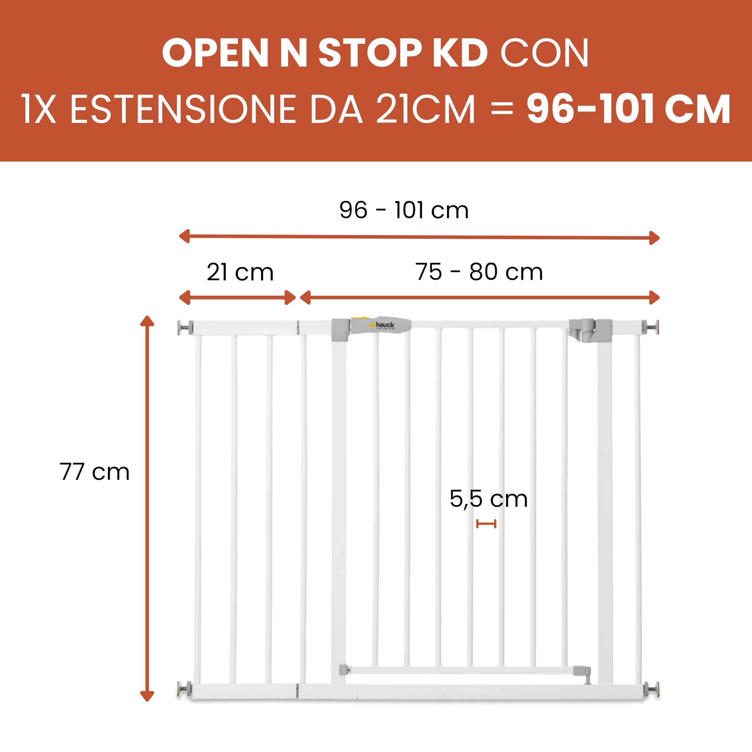 hauck Cancelletto di Sicurezza per Bambini Open N Stop KD incl. Estensione da 21cm - Cancelletto per Bambini da 96 a 101cm - Fissaggio a Pressione - Estensibile, per Porte e Scale - Metallo, Bianco