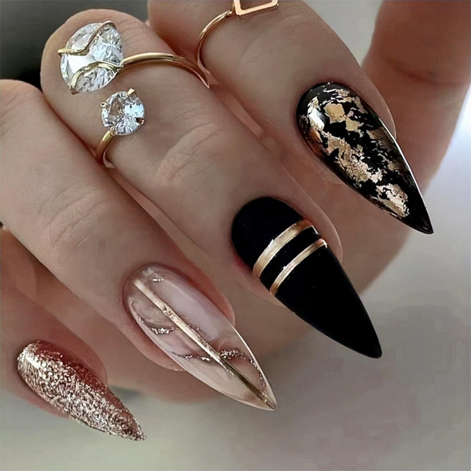 Rchovsam Medium Balck Press on Nails Fall Almond False Nails Black Gold Design Nails Press Ons Full Cover Acrylic Artificial Gel Fake Nails Gift for