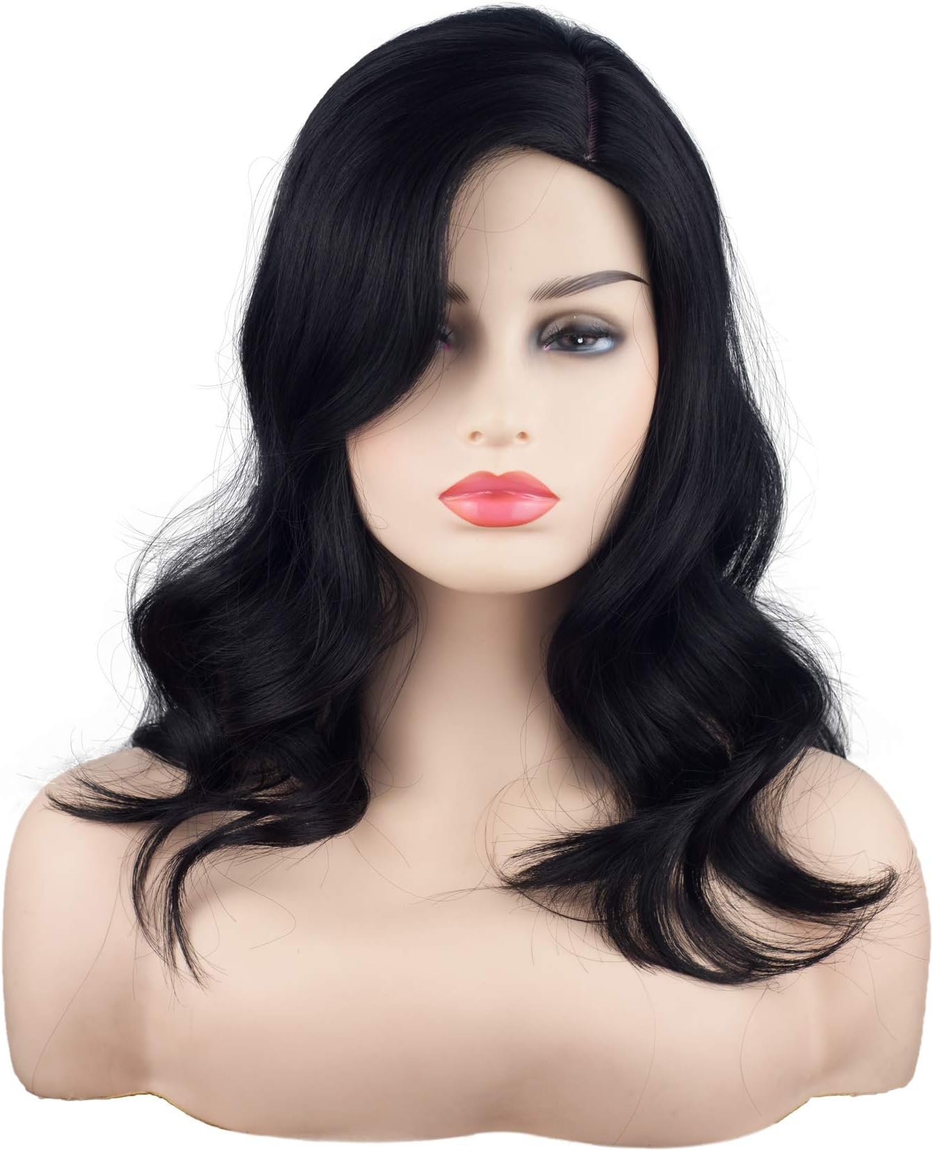 Natural Black 16 Inch Shoulder Length Wavy Wigs For Black Women Side Part Wigs For White Women Mid-Length wig Natural Looking Synthetic Curly Hair Wigs Heat Resistant (Natural Black)