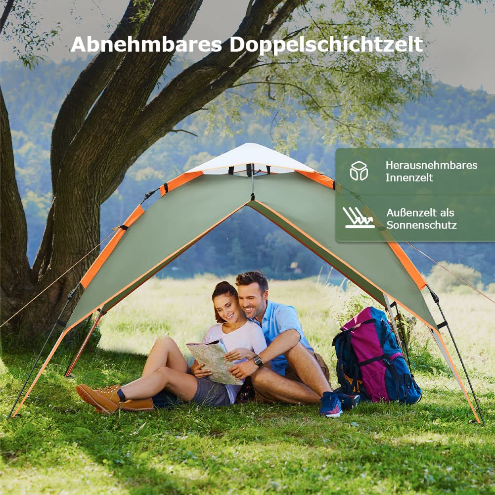 Camping Zelt Automatisches 3 Personen Instant Zelt Pop Up Zelt | 4 Jahreszeiten Winddicht Wasserdicht Kuppelzelt mit 2 Mesh-Tür, 2 Mesh-Fenster, 2 in 1 Doppelschichten, Tasche für Familie