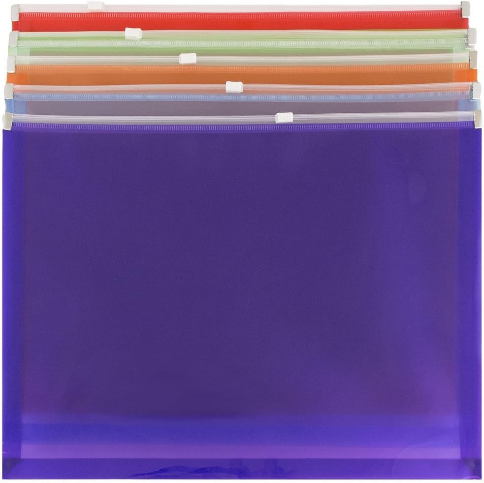 JAM PAPER Plastic Envelopes with Zip Closure - Letter Booklet - 9 3/4 x 13 - Assorted Colors - 12/Pack
