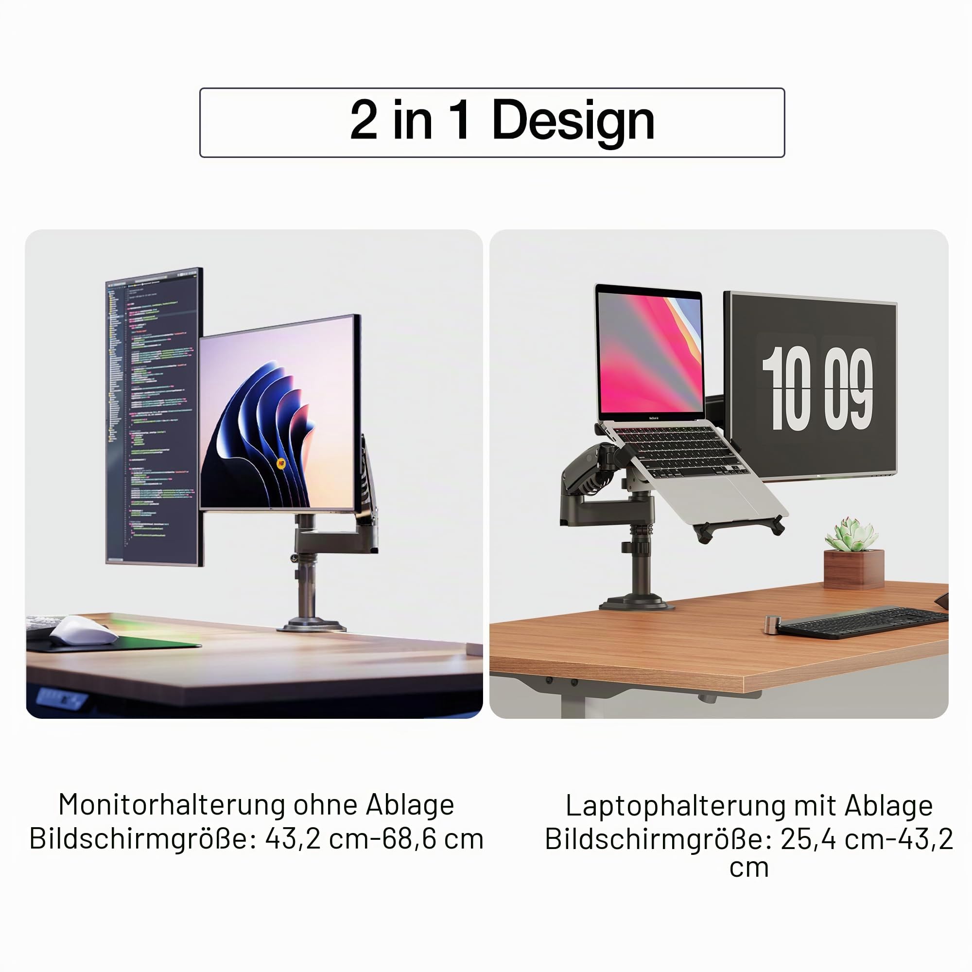 NB North Bayou H180-FP Doppelarm-2-in-1-Kombi, Laptop-Halterung mit Verstellbarer Ablage für 25,4–43,2 cm/10–17 Zoll Notebooks, Arm mit VESA-Platte für 43,2–68,6 cm/17–27 Zoll Monitore mit 9–10 kg