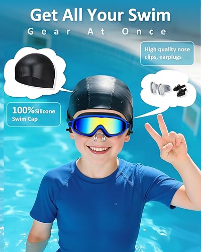 Miniatura 5 de Gafas de natación para niños, antivaho, protección UV y amplia visión con gorro de natación para niños de 3 a 15 años
