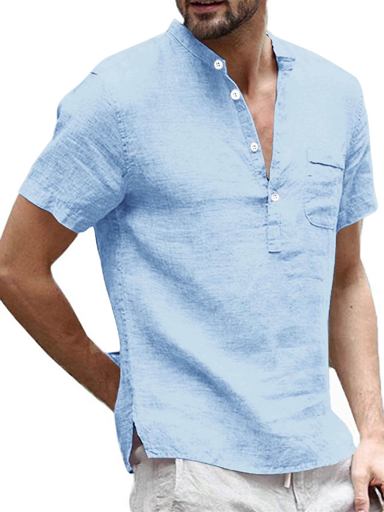 Runcati Herren Leinenhemd Henley Shirt Hemd Herren Kurzarm Freizeithemd Sommerhemd Business Shirts für Männer