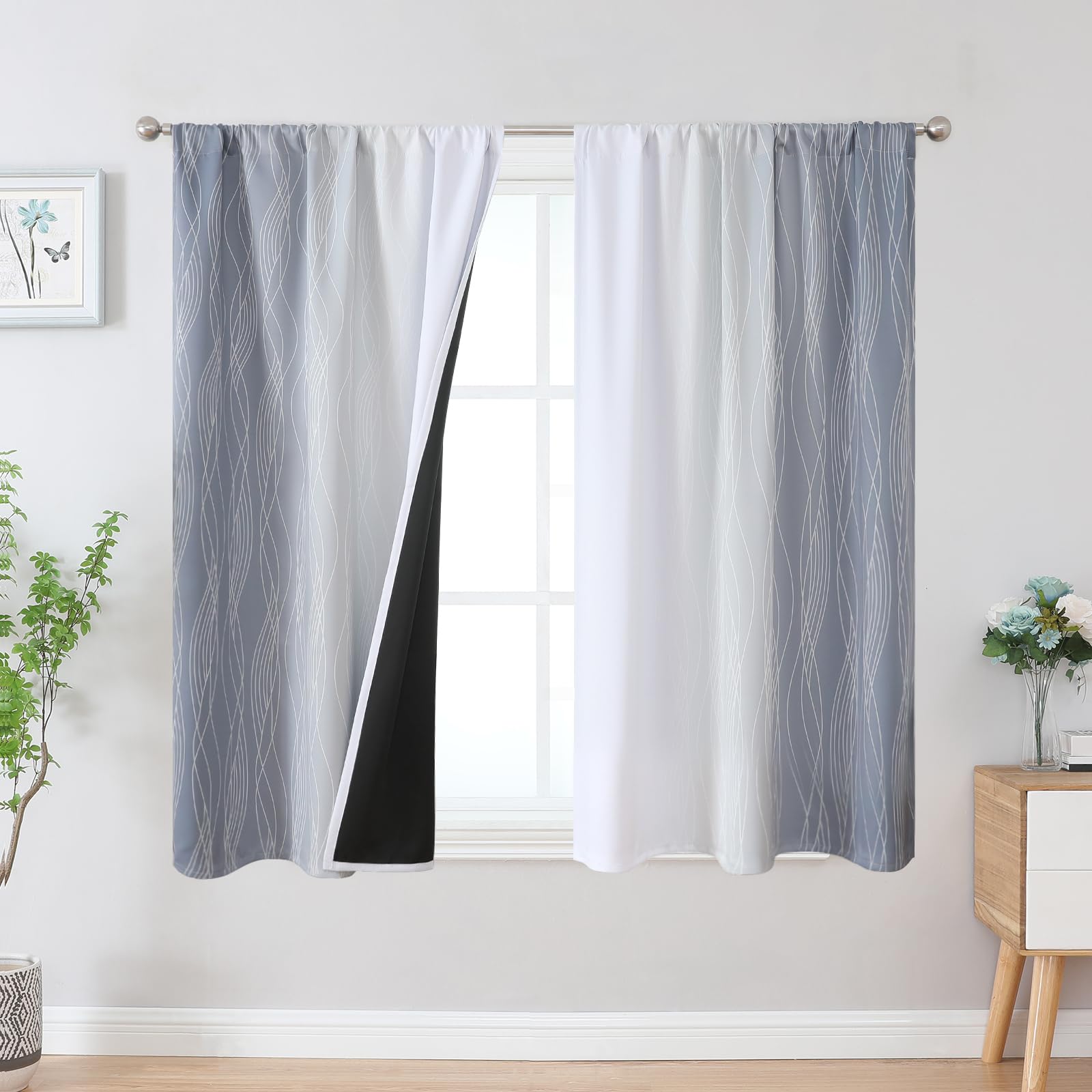 Estelar Textiler Grey and Greyish White Blackout Curtains 45 Inch Length, Light Blocking Gradient Drapes for Bathroom, Thermal Insulated Rod Pocket