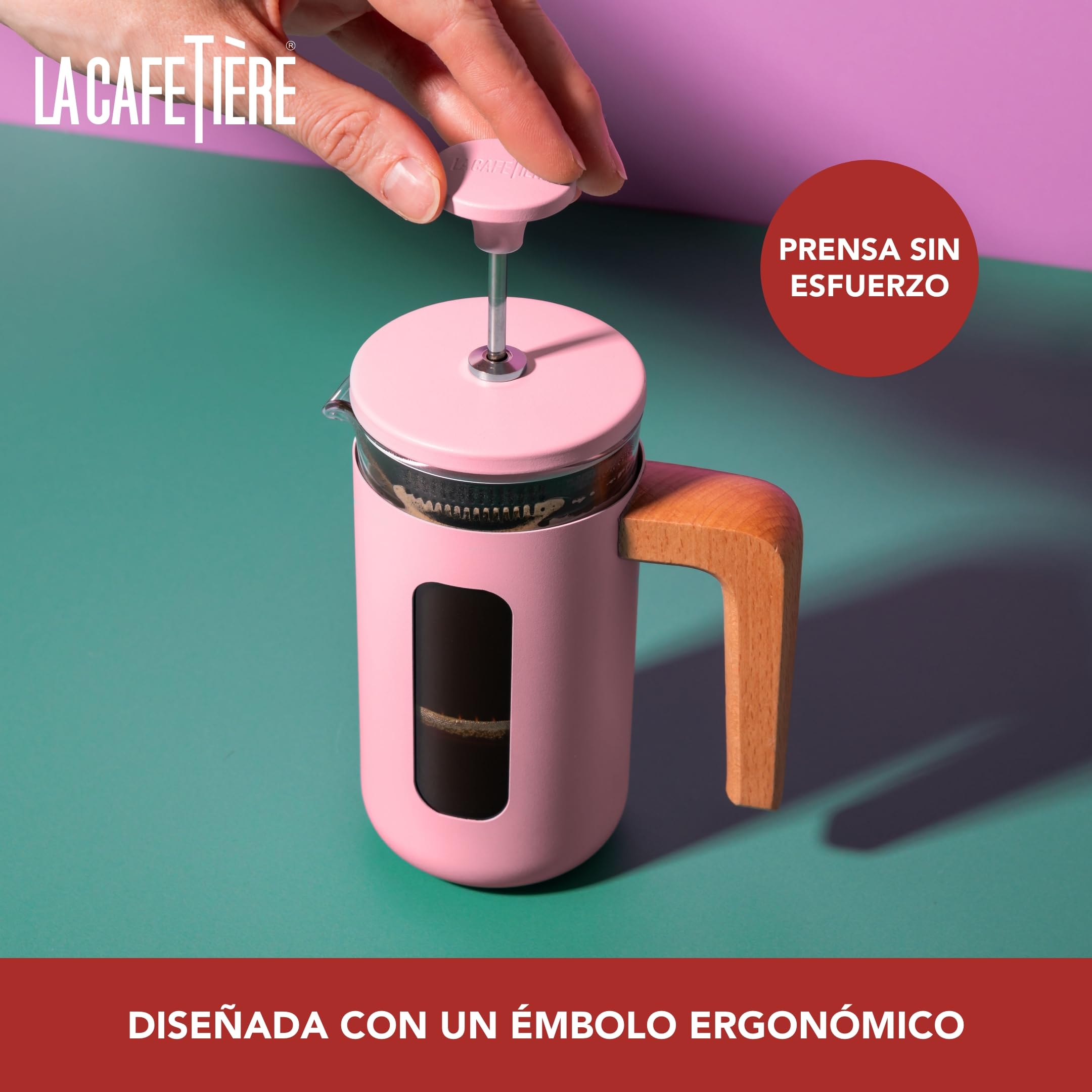 La Cafetière Pisa, 8 tazas/1L, vidrio borosilicato resistente al calor y acero inoxidable con émbolo de fácil agarre, cafetera francesa grande para té suelto y café molido, rosa