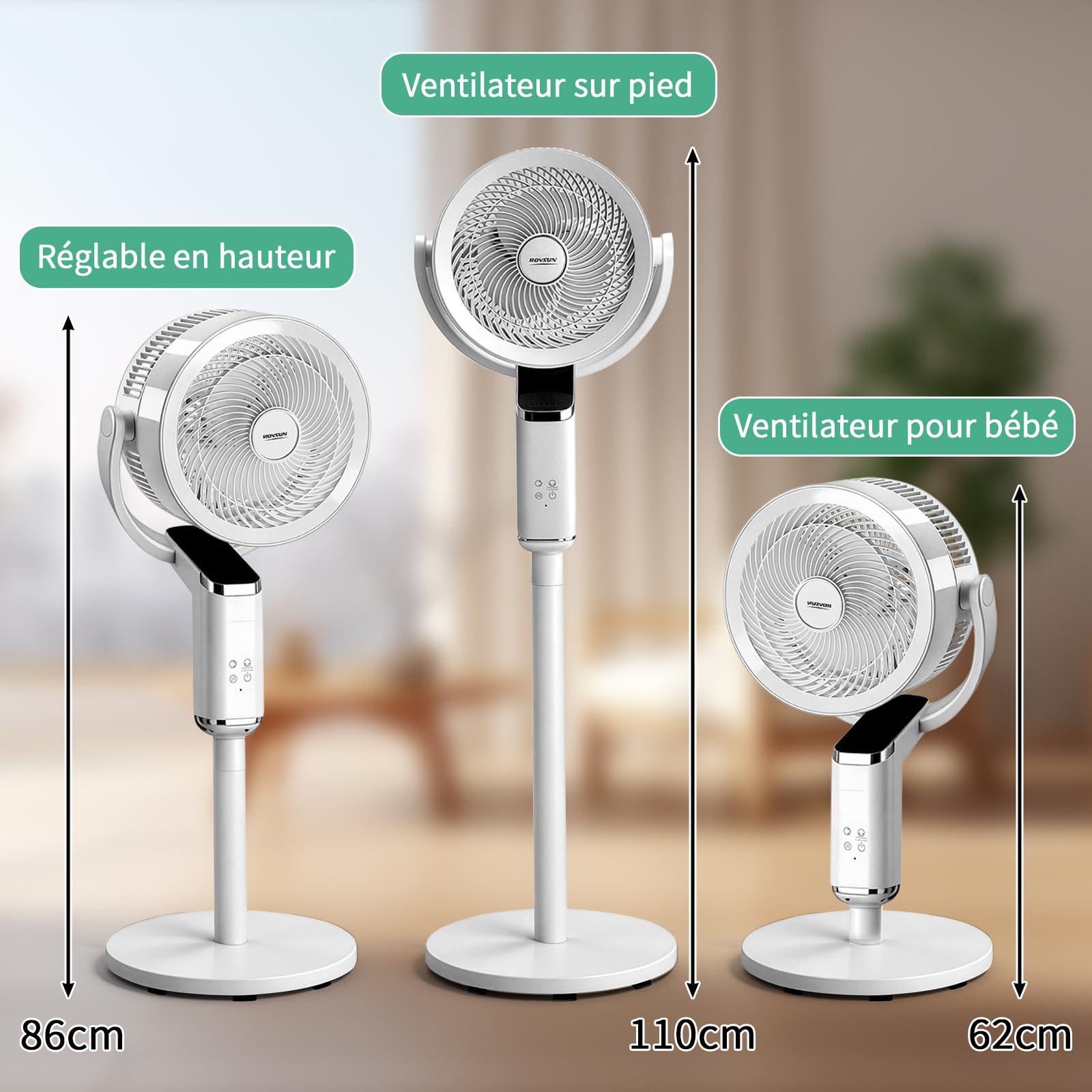 LEADZM Standventilator, leise, leistungsstark, omnidirektionale Oszillation 90 ° + 120 °, Höhe 62 – 110 cm, 8 Geschwindigkeitsstufen, Timer 15 Stunden (112 cm)