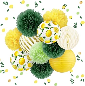 AOBKIAT Wedding Party Decorations Set,12 PCS Yellow Green White Lemon Pattern Paper Lanterns and Pom Poms Flowers with Lemon Confetti for Lemon Baby Shower,Birthday,Bridal Showers,Wedding,Sumer Party