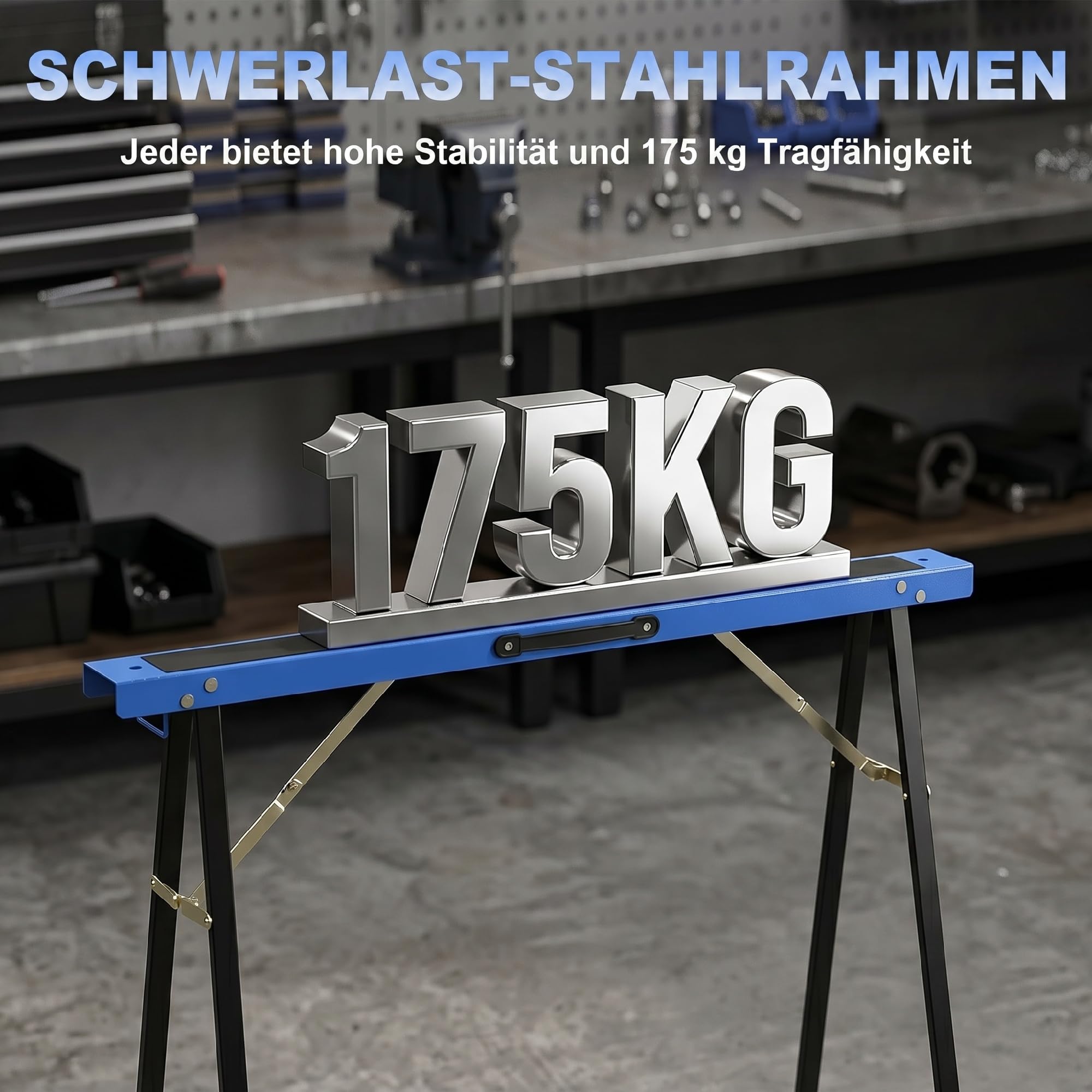 HOMCOM Arbeitsbock 2er Set Klappbock Sägebock Gerüstbock aus Metall Unterstellbock mit rutschfester Oberfläche, Griff Stützbock bis 350 kg Belastbar Blau