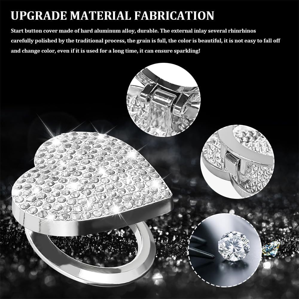 Bling Car Push Start Button Cover, Heart Shape Rhinestone Switch Knob Cover, Sparkling Crystal Key Ignition Knob Ring Protection Cover, Bling Diamond Car Accessories for Women (White)