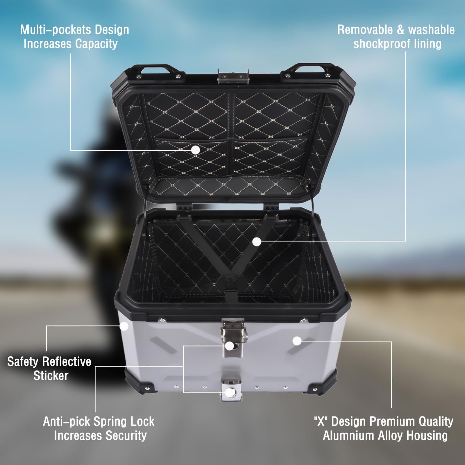 Bisenya 55L Motorrad Topcase, Motorrad Heckbox Reisen Motorradkoffer mit Sicherheitsschloss für Motorradhelm Helm, Wasserdicht Motorrad Top Box (Silber)
