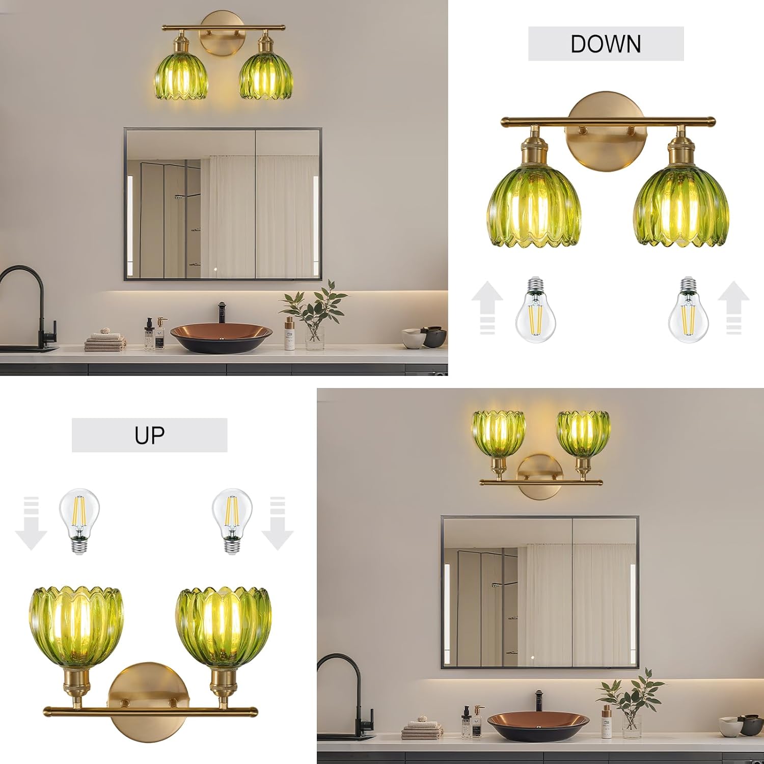 Bathroom Light Fixtures, 2-Light Brass Vanity Wall Light Over Mirror with Green Tulip Glass Shade for Bedroom Living Room