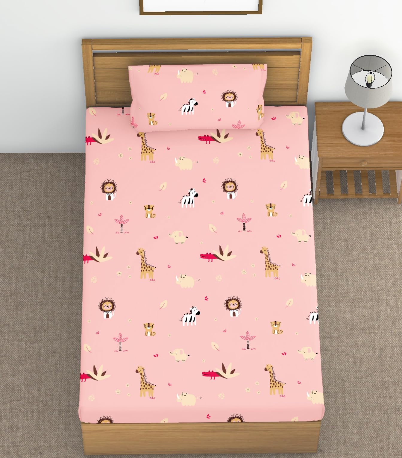 Risita Home Linen 144TC 100% Cotton Printed Single Bedsheet for Kids with 1 Pillow Cover | Ideal for Every Day Use,Animals and Floral Patterns | Print Flat Sheets for Children 1