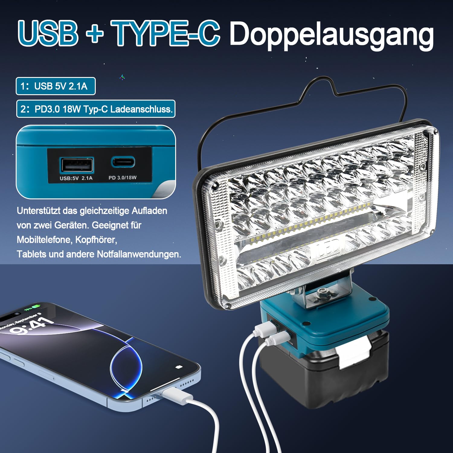 Faretto LED Portatile A Batteria Con Attacco Compatibile Makita – 2 Porte USB