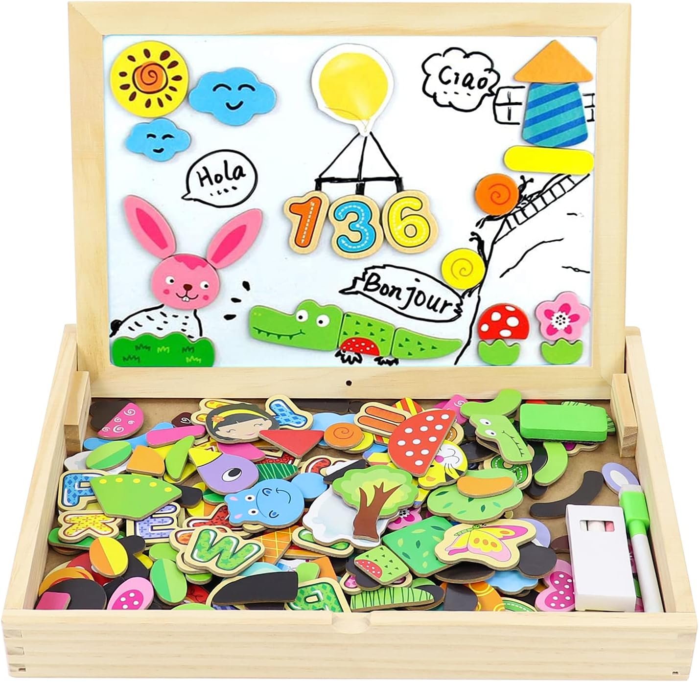 Jerryvon Wooden Magnetic Drawing Board, Large Size Blackboard Whiteboard Kid Easel with Jigsaw Puzzle and Phonics Letters Educational Toys for Girls Boys 3 4 5 Years Old