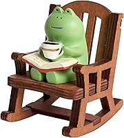HRTHRT Cute Mini Frog Figurine Drinking Coffee in Rocking Chair - Compact Resin Desk Decor, Bookshelf Ornament & Frog Lover Gift