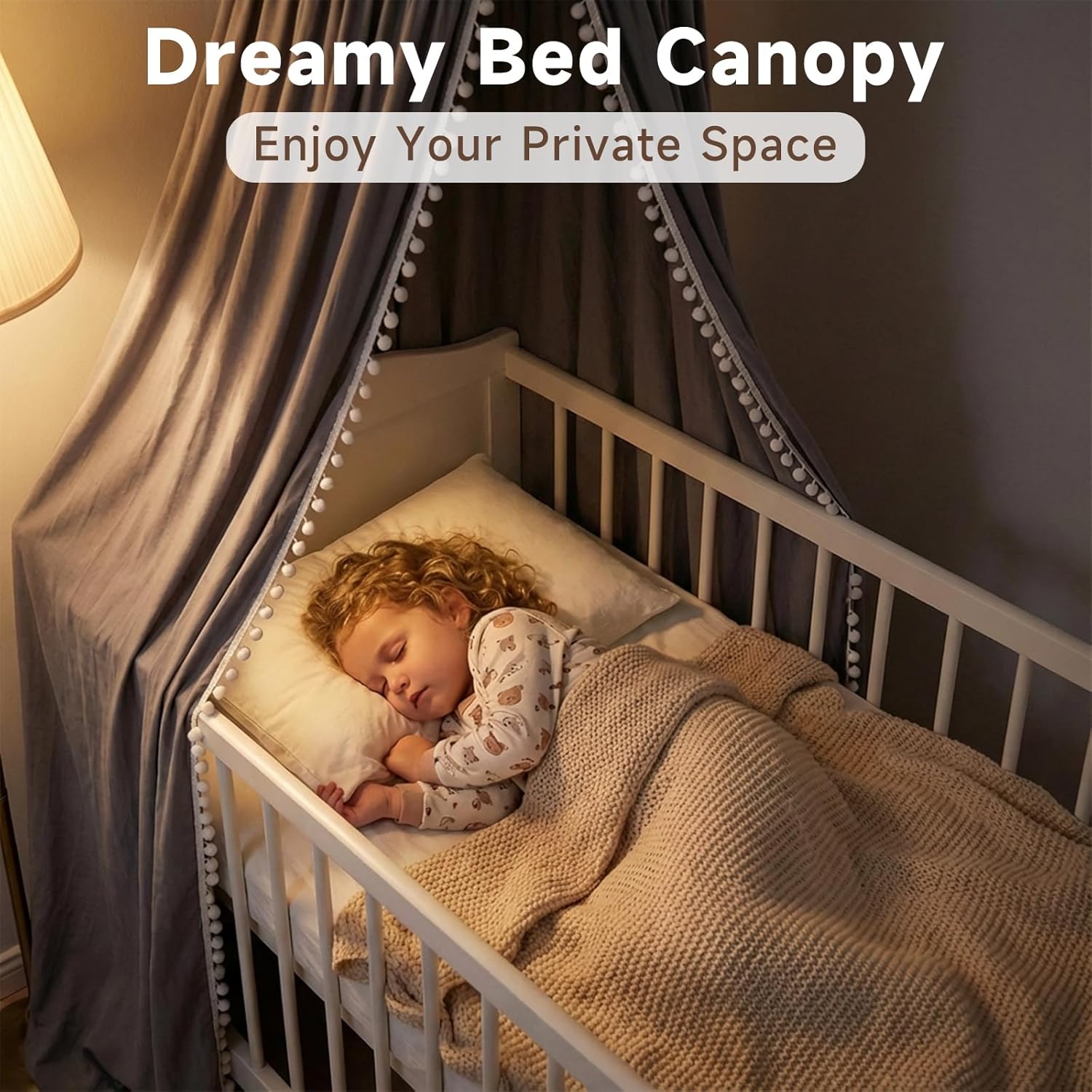 LOAOL Bed Canopy with Pom Pom Cotton Canopy for Kids Crib Baby Girl Netting Cover Canopy Crib Curtain Reading Nook Hanging Tent Nursery Play Game Castle Room Decoration (Gray)