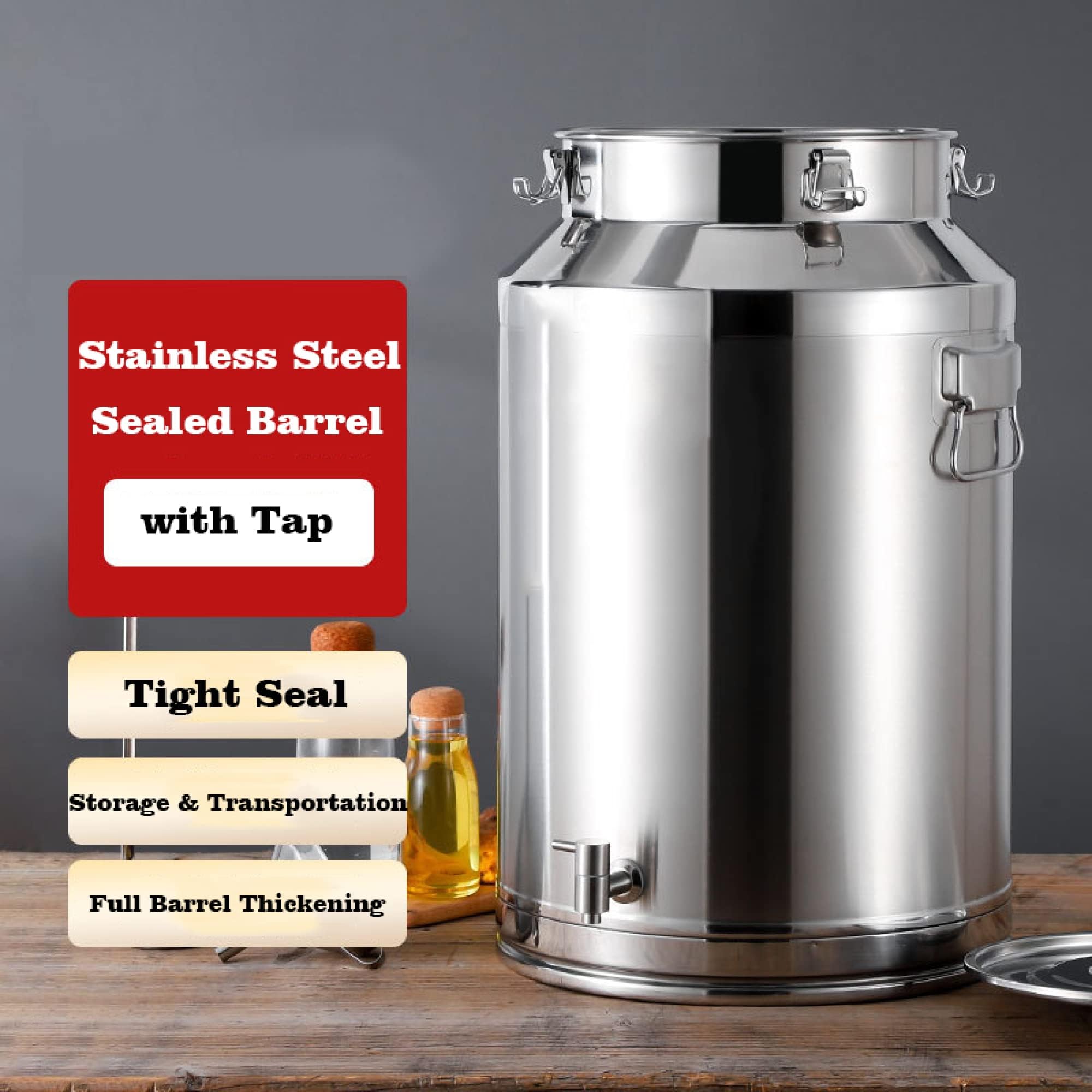 Lata de leche de acero inoxidable 5L/9L/14L Cubo de vino Cubo de mano Jarra Tanque de barril de aceite con tapa sellada y lata de leche con grifo / 14L