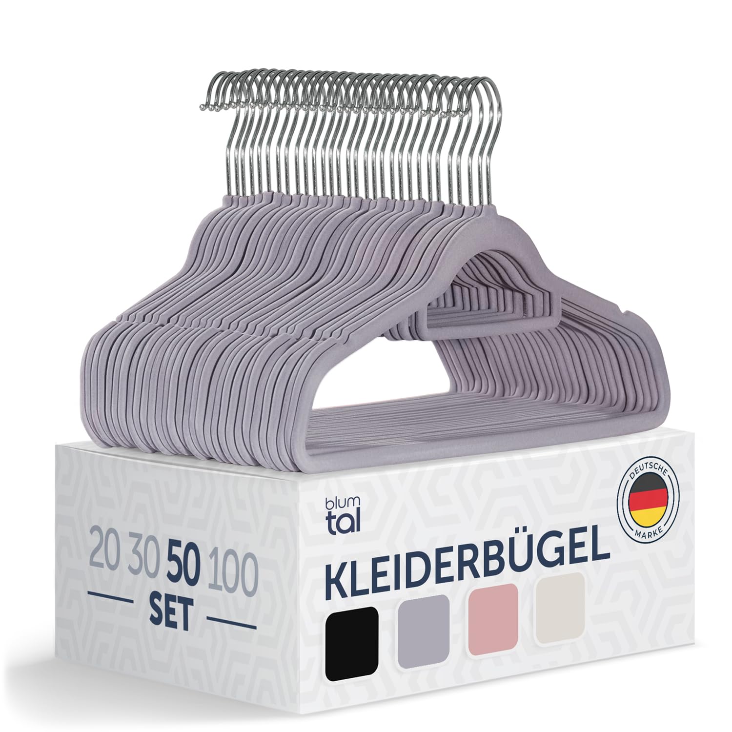 Blumtal 50 Stück Samt-Kleiderbügel - Samt-Kleiderbügel, rutschfest, um 360° drehbar, platzsparend, hochwertig mit Krawattenklammer - Grau