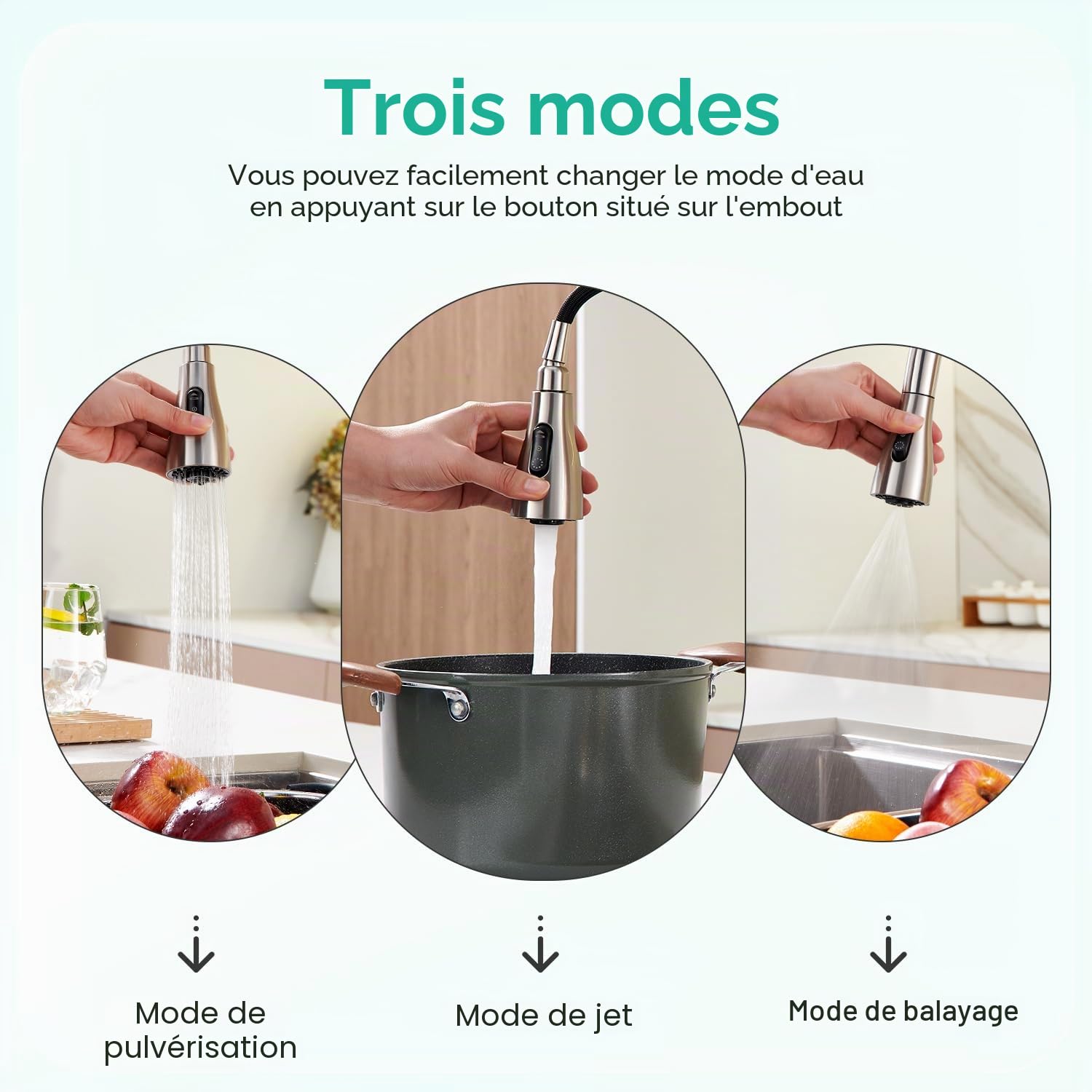 CREA Robinet de cuisine avec douchette extensible, Robinet de cuisine avec 3 types de jet d'eau, Mitigeur monocommande haute pression avec douchette, Pivotant à 360° en acier inoxydable, Brossé