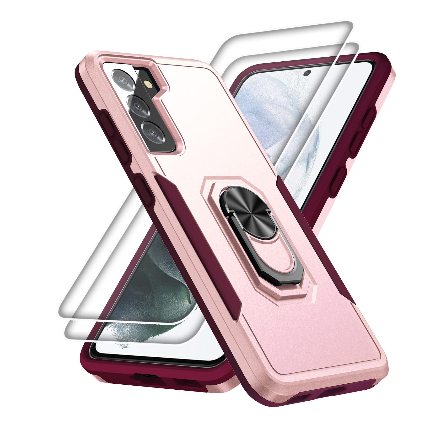 Rebex for Samsung Galalxy S21 / S21 5G Case,Double Phone Case with Screen Protector Rotating Ring Kickstand Holder Grip Tough Shockproof Armor Protective Case for Galaxy S21 5G (Pink)