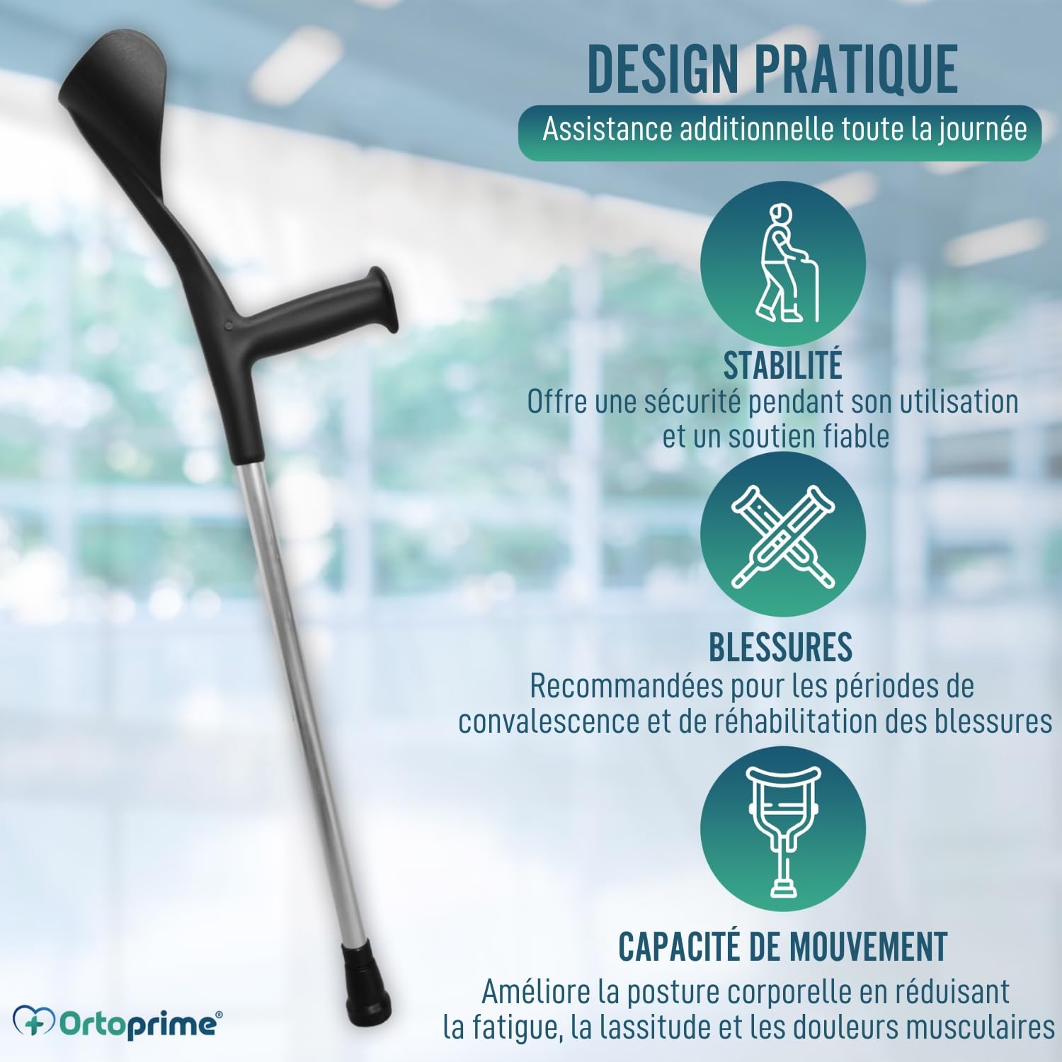 OrtoPrime PACK x2 PAIRE - Béquilles Médicales Adultes Réglables en Aluminium - Canne Anglaise avec Embouts Antidérapants - Béquilles pour Adultes Anatomiques et Durables.