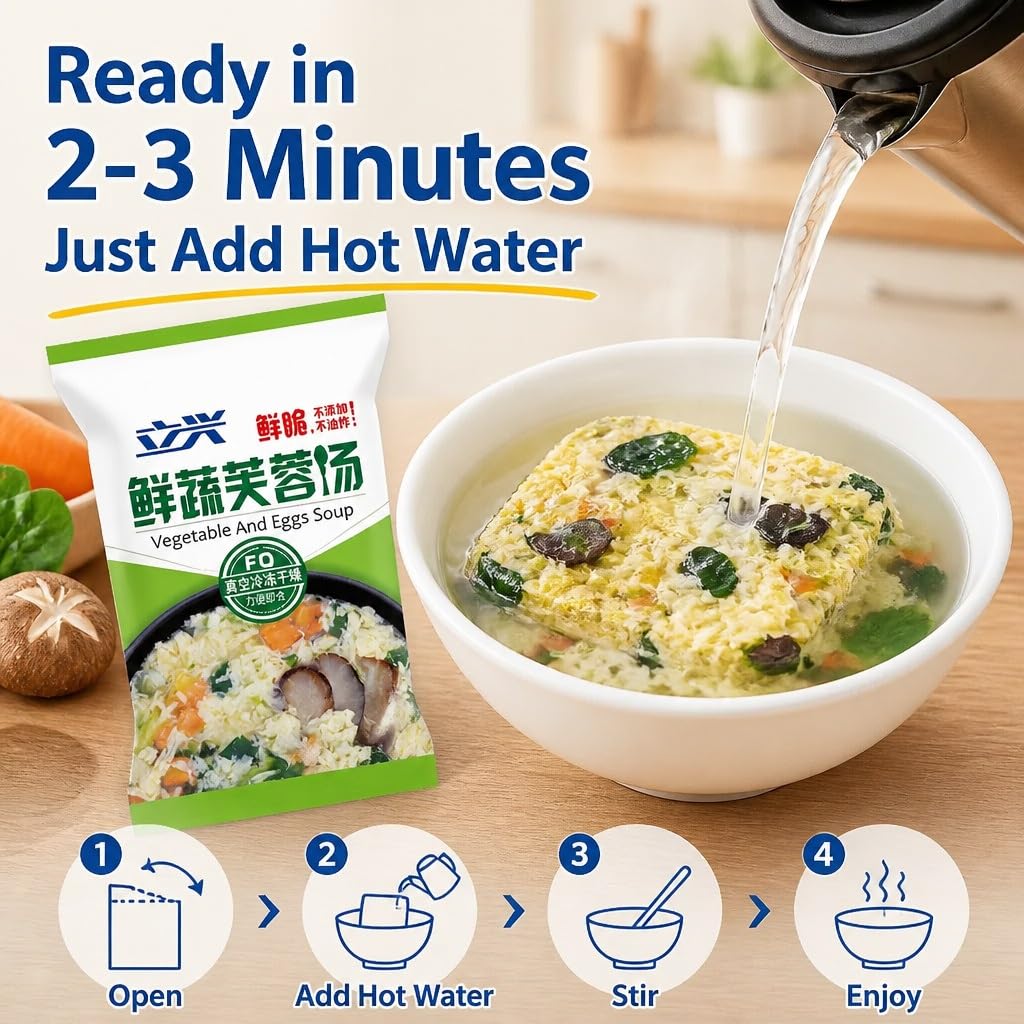 Paquete De 30 Mezclas Sopa Instantánea: Huevo Verduras, Algas Y Champiñones, Liofilizado, Fácil Preparación, 3 Sabores