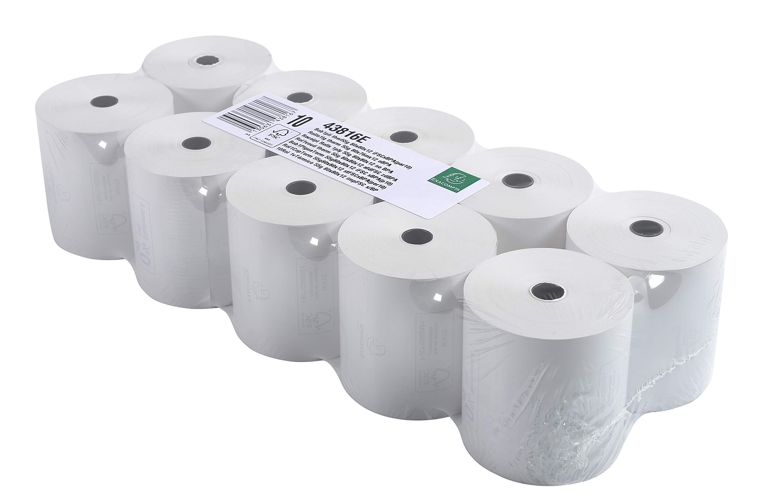 Exacompta - Réf. 43816E - Lot de 10 bobines pour tickets de caisse - largeur 80 mm x diamètre 72 mm - mandrin 12 mm - 1 pli thermique 48g/m² sans BpA - Métrage (+ ou - 2m) : 76 m - Blanc