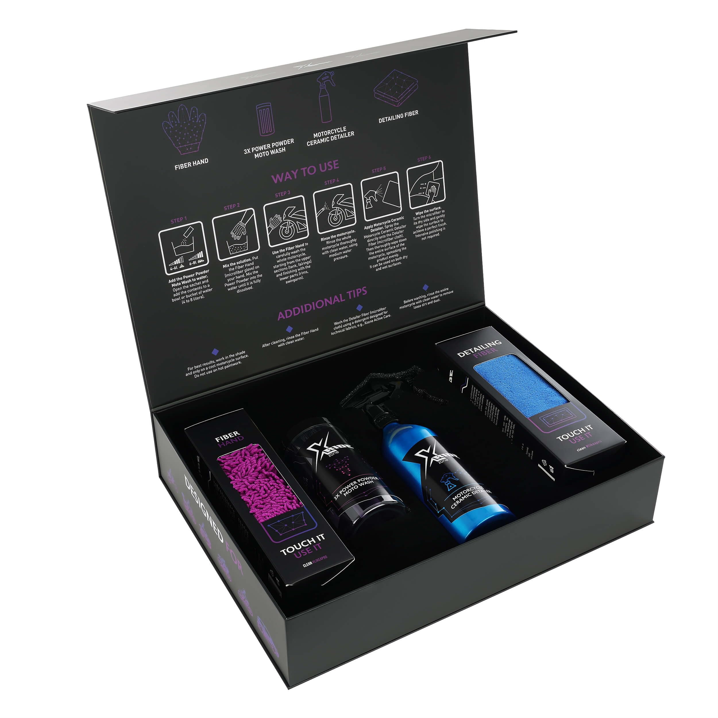 Xzone Zestaw do szczegółów motocyklowych, ceramicznych detali 500 ml, 3 x Power Powder Moto Wash, rękawica z mikrofibry, włókno do szczegółów - zestaw dla motocyklistów
