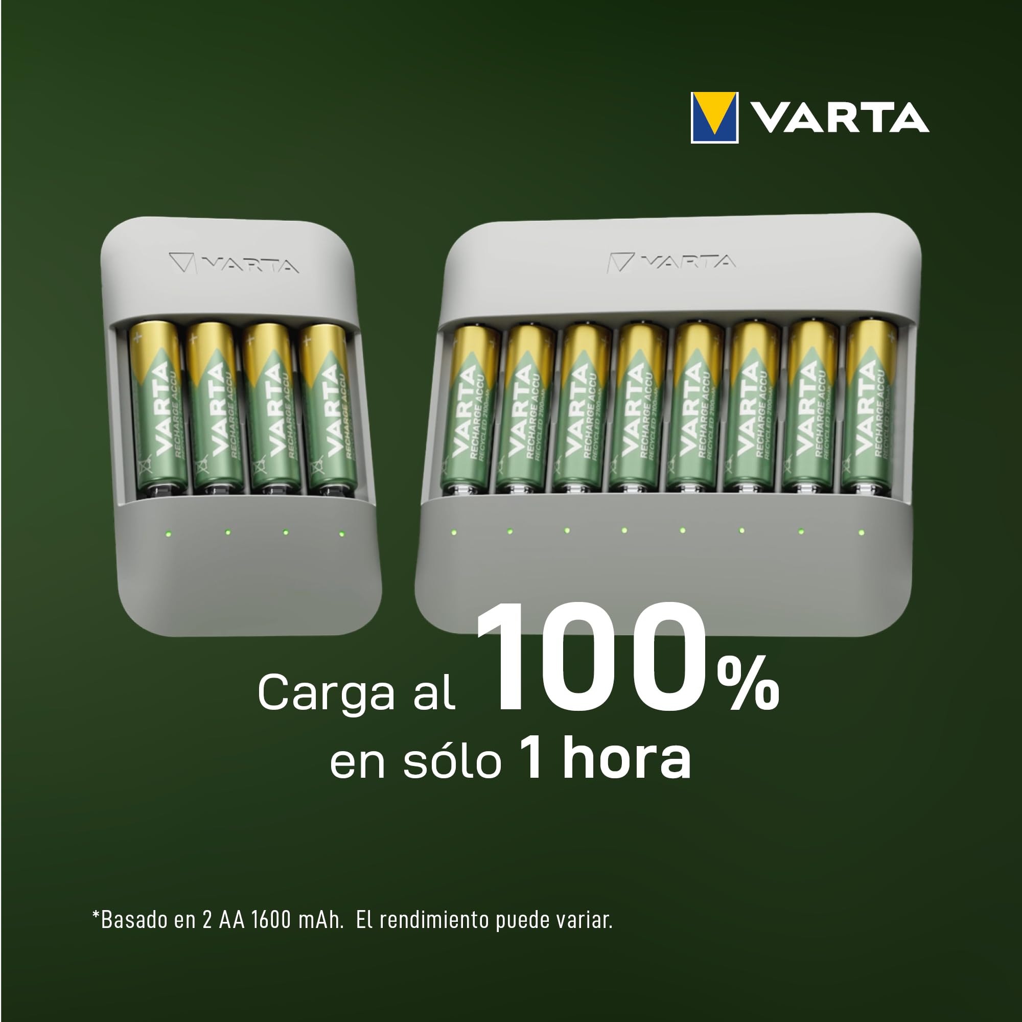 VARTA Cargador para 8 AA/AAA Pilas Recargables, Eco Charger Multi Recycled | para pilas recargables NiMH, 75 % de material reciclado, Incl. 8x AAA 2100 mAh