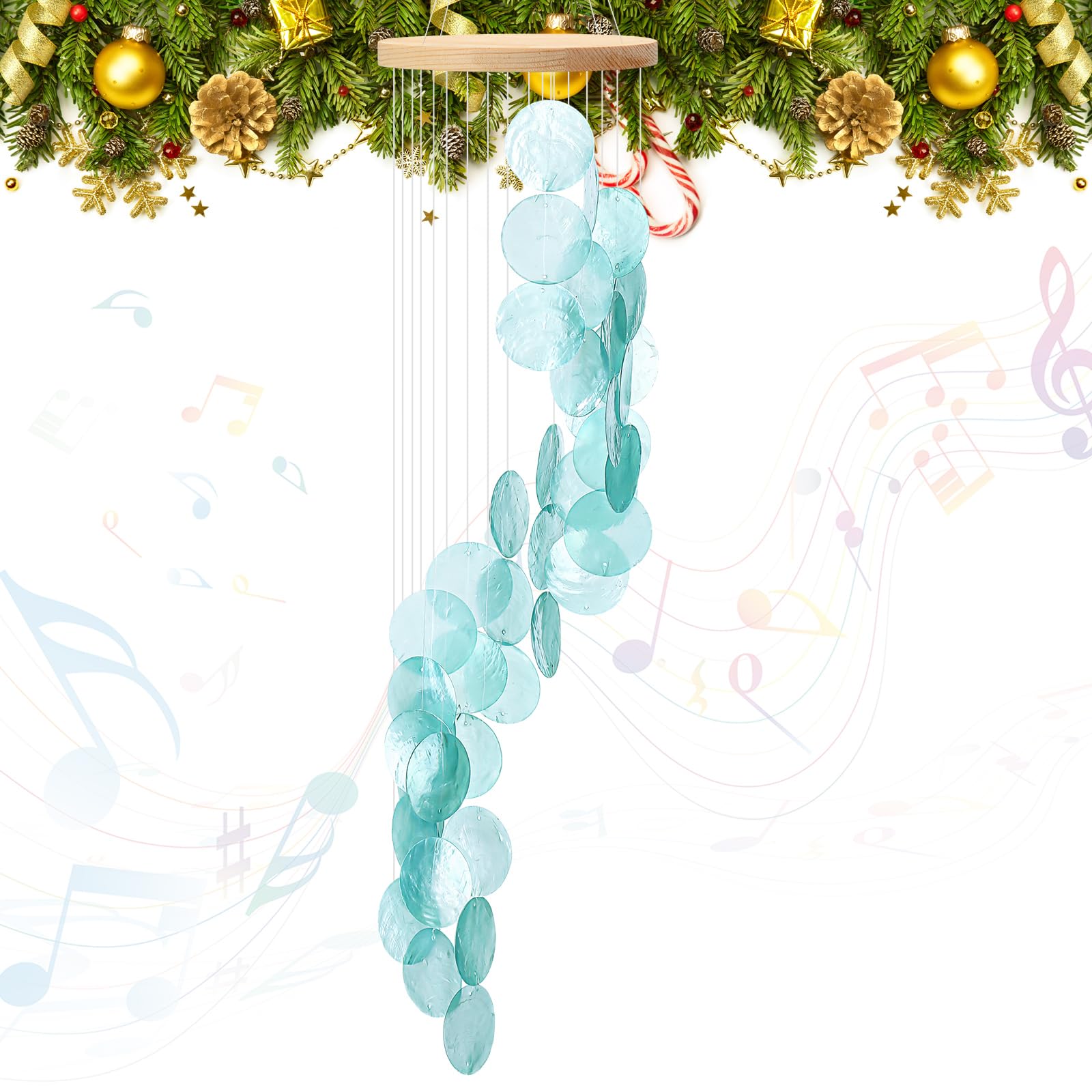 Wenqik Sea Glass Shell Wind Chimes for Outside Seaglass Capiz Windchime Spiral Wind Chimes for Women Christmas Holiday Summer Beach Gift Indoor Outdoor Home Housewarming Garden Decor(Blue)